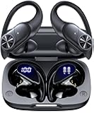 PocBuds Bluetooth Headphones Wireless Earbuds 80hrs Playtime Wireless Charging Case Digital Display Sports Ear Buds with Earhook Deep Bass IPX7 Waterproof Over-Ear Earphones for TV Phone Laptop Black