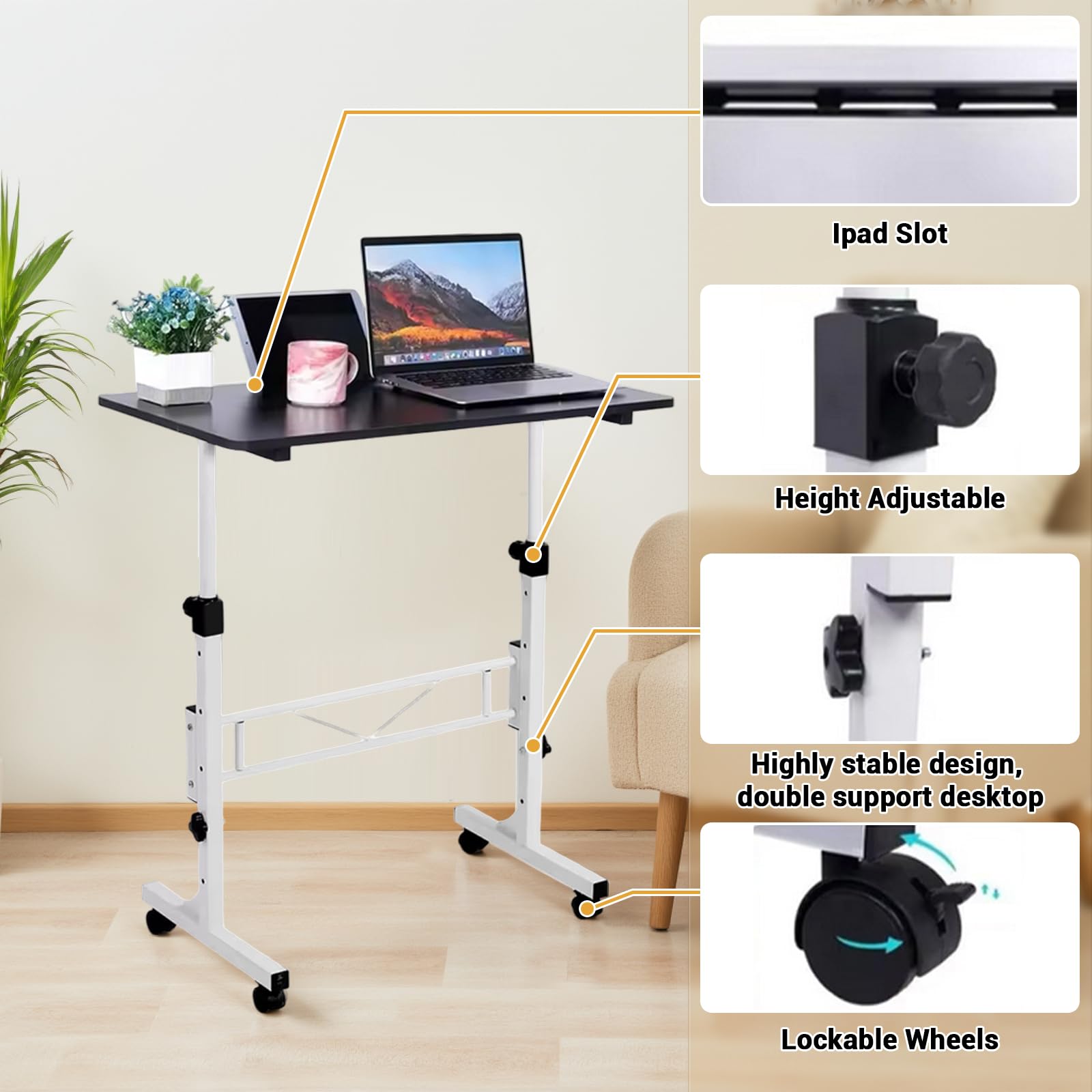 GarveeLife Scrivania regolabile in altezza con ruote, tavolo per computer, scrivania per camminare, tapis roulant, tavolo per PC, piccolo per casa e ufficio, 80 x 40 cm