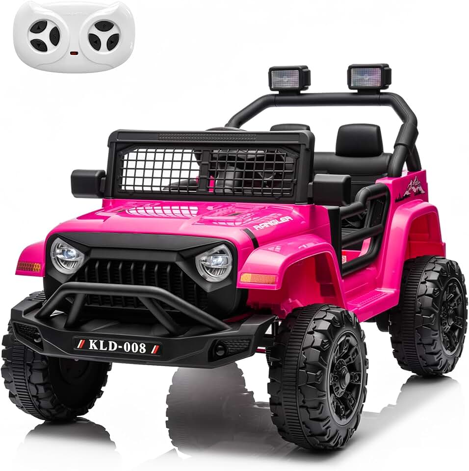 12V 7AH Kids Ride-On Truck Jeep, Electric Car with Parent Remote Control, Spring Suspension, LED Lights, Bluetooth, Music, Pink