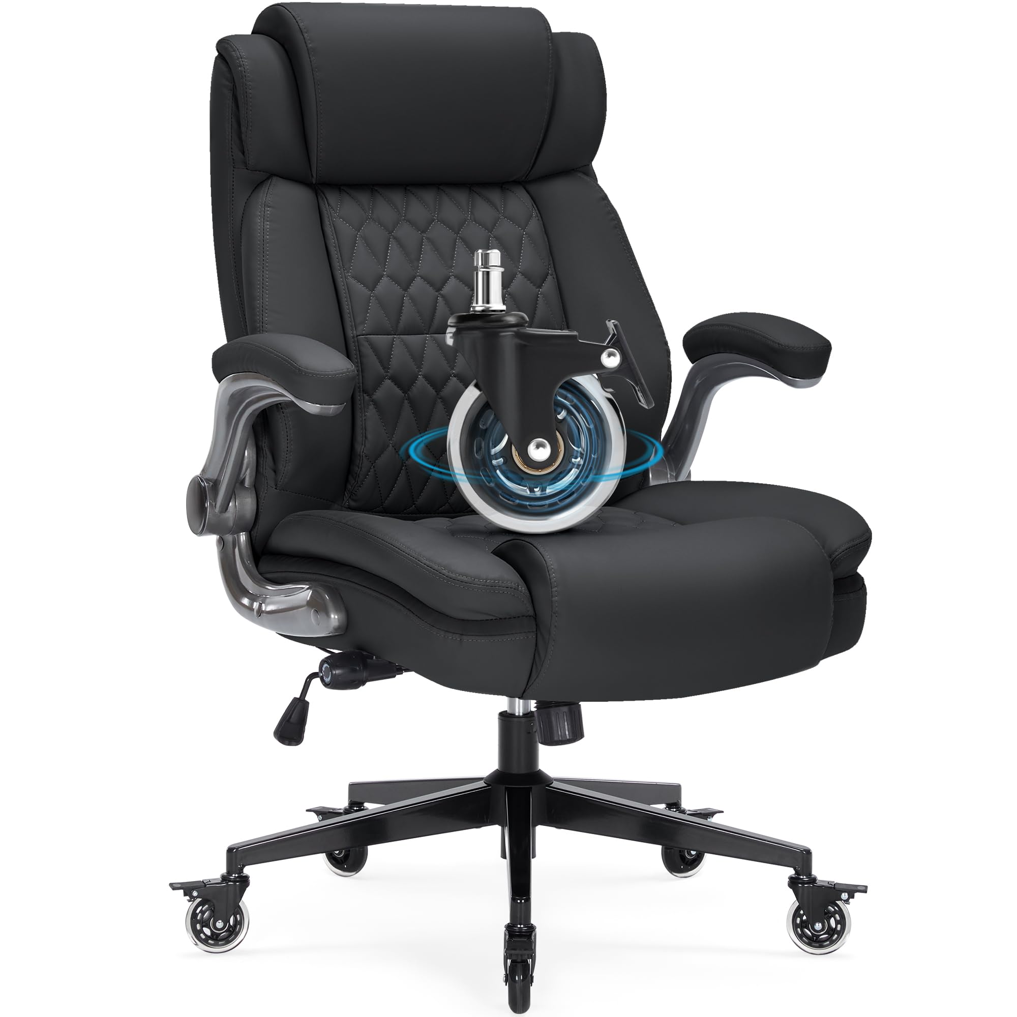 High Back Office Chair with Locking Wheels, Large Executive Desk Chair, Flip Arms Adjustable Lumbar Support, Ergonomic Synthetic Leather Computer Chair Prevents Cats Scratching, Thick Padded, Black