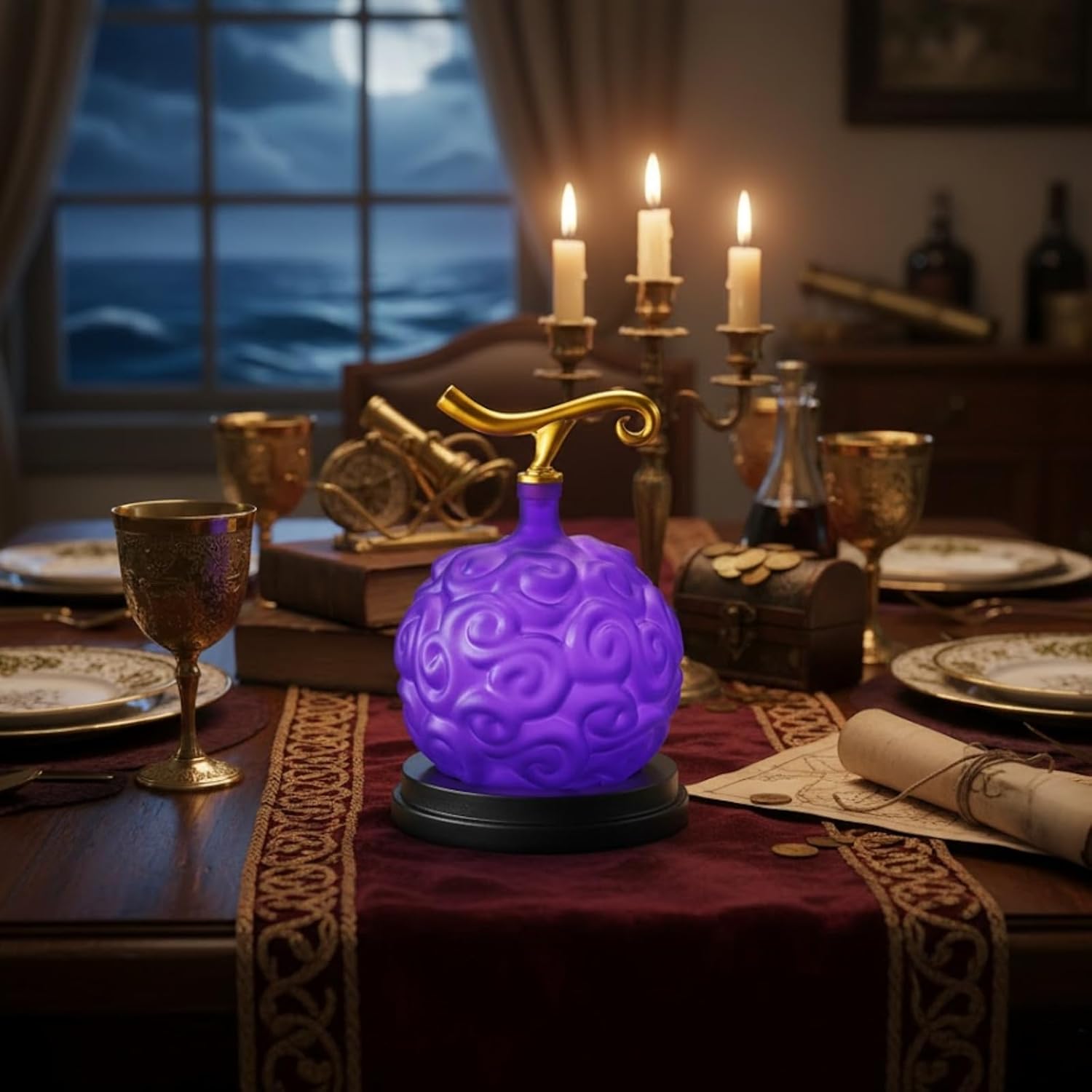 Anime Devil Fruit Decanter – Handcrafted Crystal Liquor Bottle, Mahogany Base | Home Bar Collectible Display | 34oz | Purple & Gold Fantasy Inspired Design, Whiskey Decanter Gifts Sets for Men