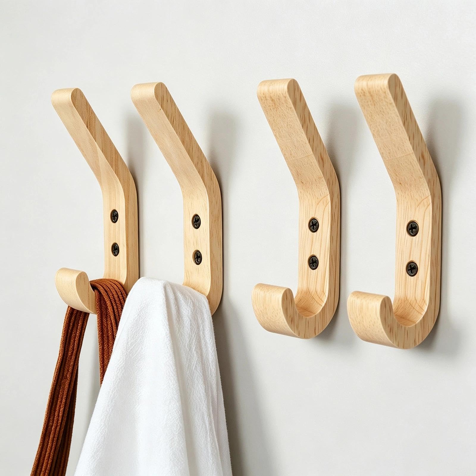 TIANLIN 4 Pack Solid Oak Wall Hooks 155 mm, Wooden Coat Hooks