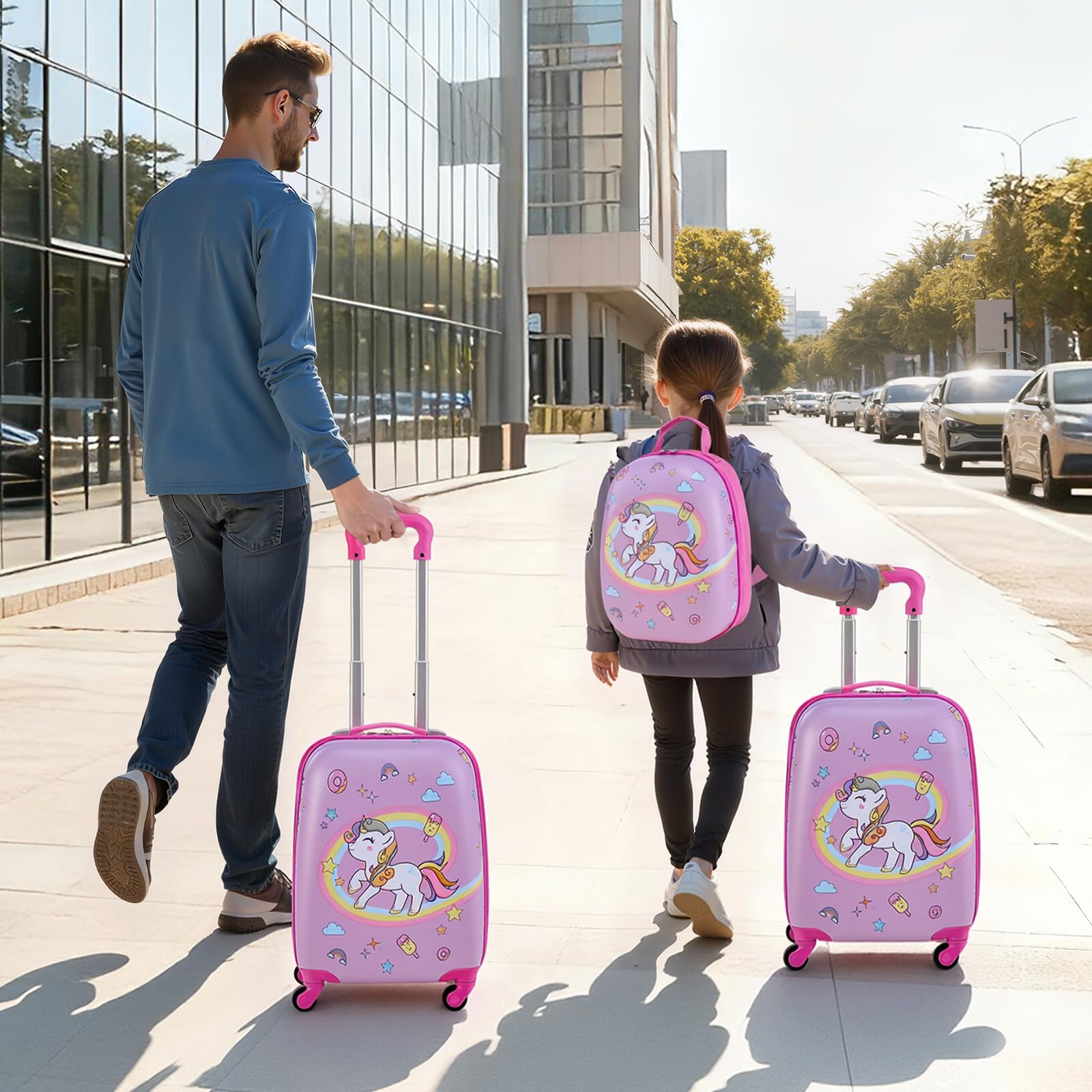 VEVOR Valise Enfant 32x23x45 cm Bagage Enfant 2 PCS avec Valise Cabine à roulettes Pivotantes pour Enfants Fille Garçon et Sac à Dos Coque Rigide Motif Licorne, Approuvée par Compagnies Aériennes