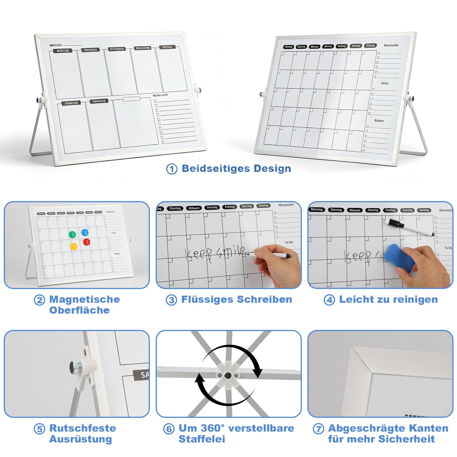 GAESHOW Magnetyczna tablica suchościeralna z aluminiowym stojakiem 40 x 30 cm, dwustronna tablica wymazywalna, tablica kalendarzowa z 8 markerami, gumka i 4 magnesy, do domu, biura, szkoły