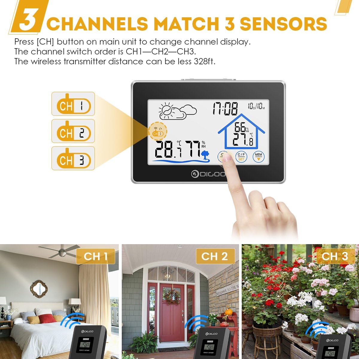 DIGOO DG-TH8380 Main Unit with 3 Channel Indicators