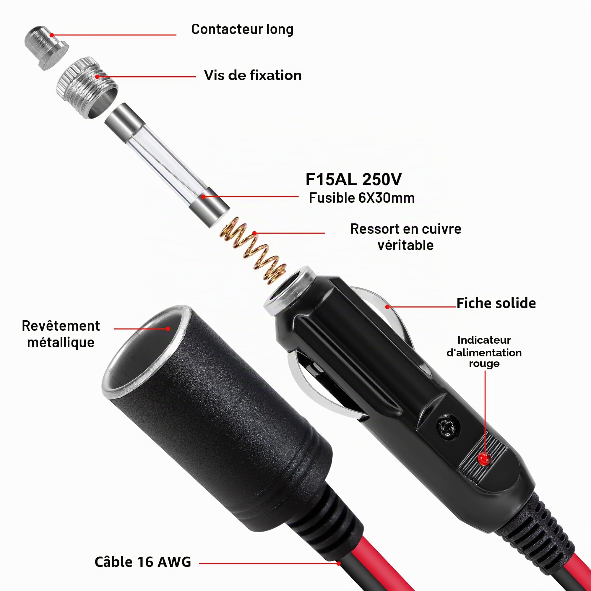 1M Rallonge Allume Cigare 12 V/24 V Prise Allume Cigare 16 AWG Câble d'extension Adaptateur avec Fusible 15A pour Camion Bateau Réfrigérateur Voiture