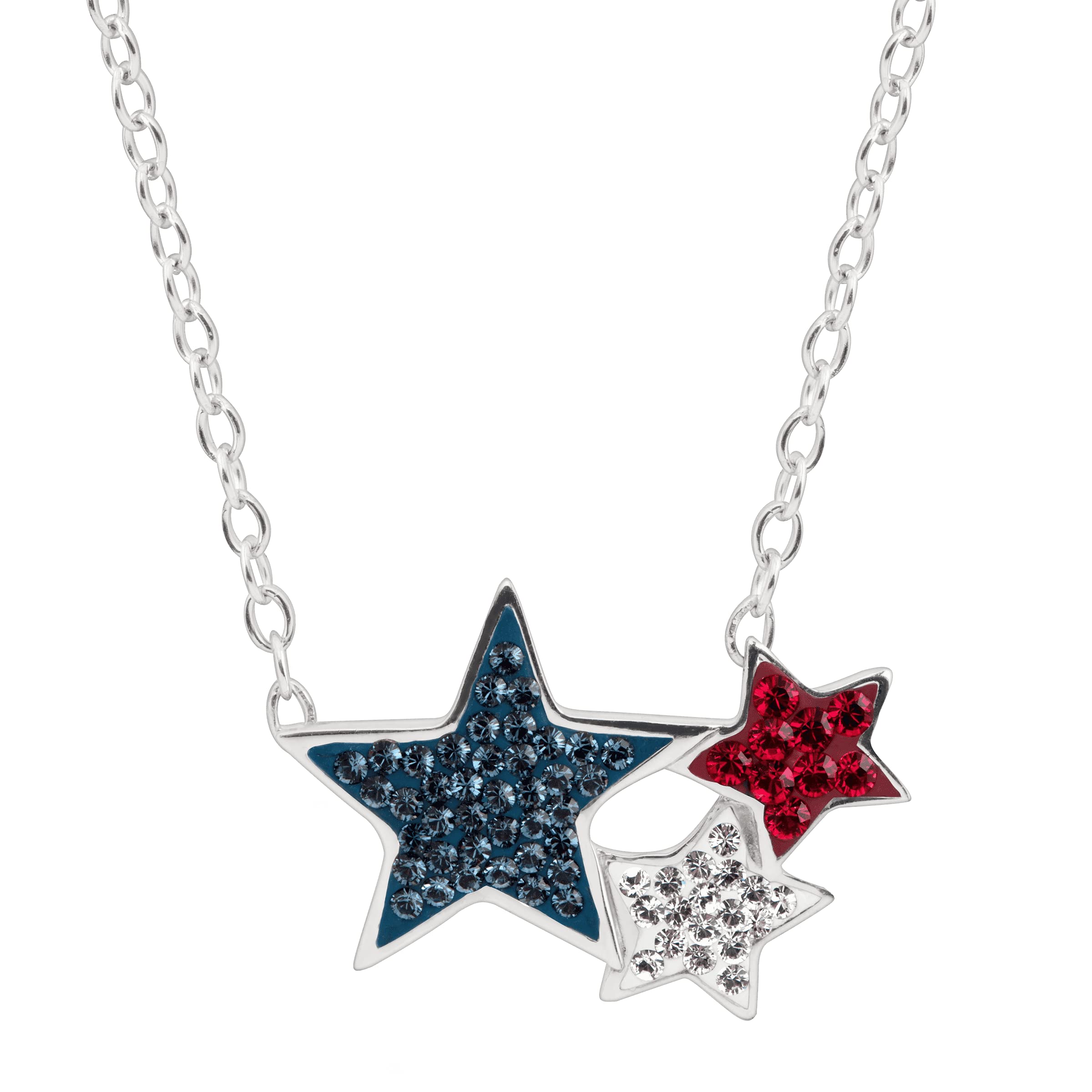 CrystaluxeRed, White, & Blue Triple-Star Necklace with Swarovski Crystals in Sterling Silver, 17"