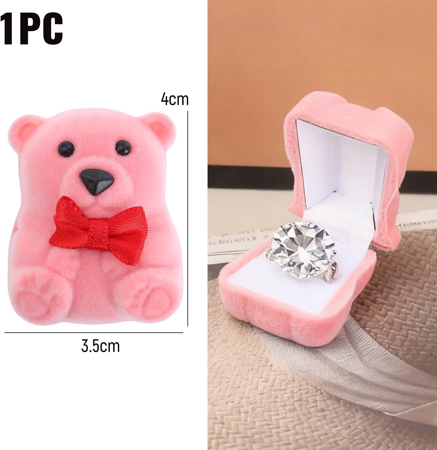 1pcs Valentine's Day Plush Bear Ring Jewelry Box Wedding Ring Case Earrings Holder for Jewelry Display Package,4 * 3.5 * 3cm (Pink)