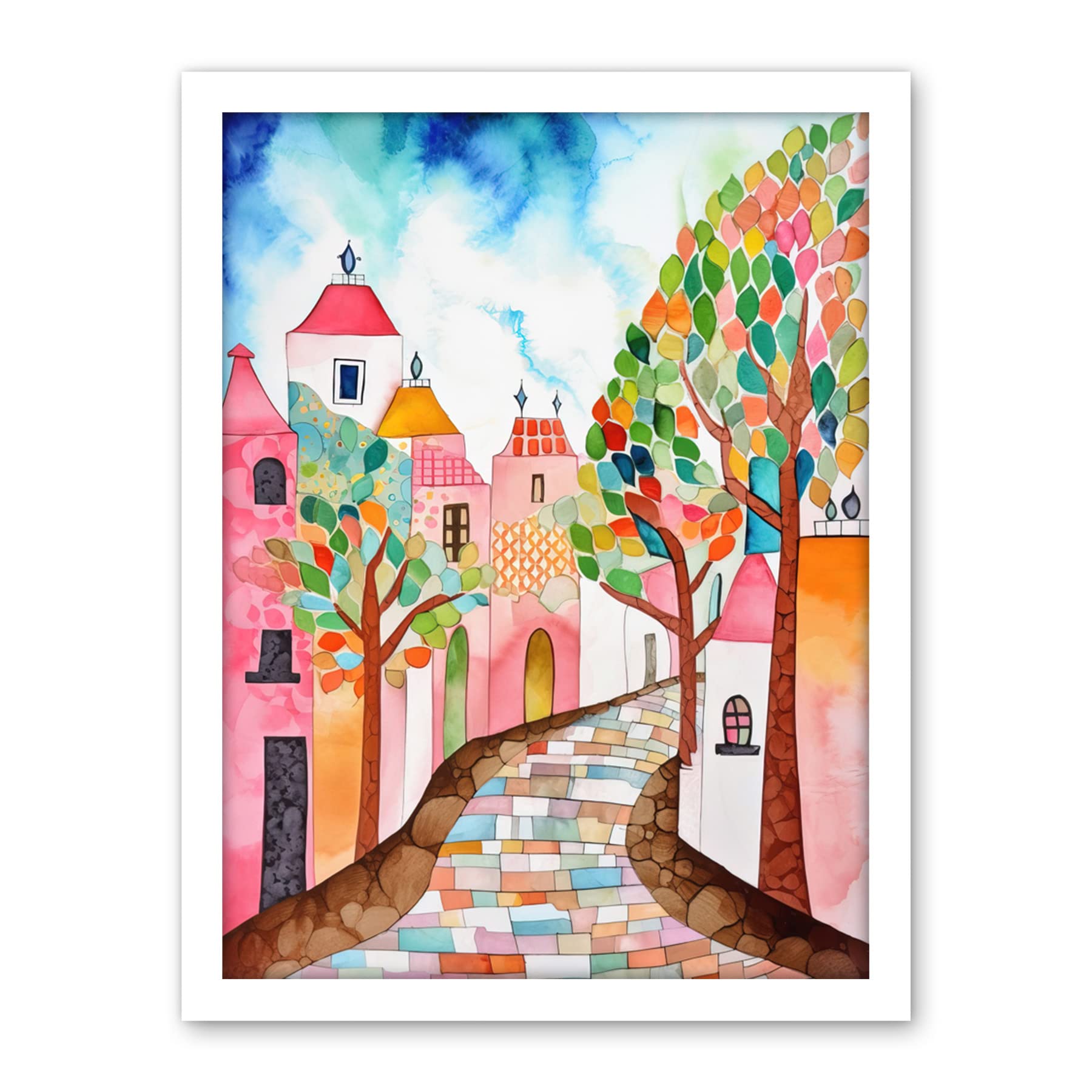 Artery8 Cobblestone Street In Spring Folk Art Artwork Framed Wall Art Print 18X24 Inch