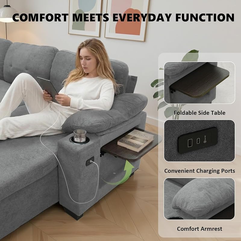 93" L Shaped Sleeper Sofa Bed, Pull Out Sectional Couch with Storage Chaise/Reclining Backrest, Sectional Couches for Living Room with USB Port, Foldable Table, Cup Holder, Side Pocket, Light Grey image 5