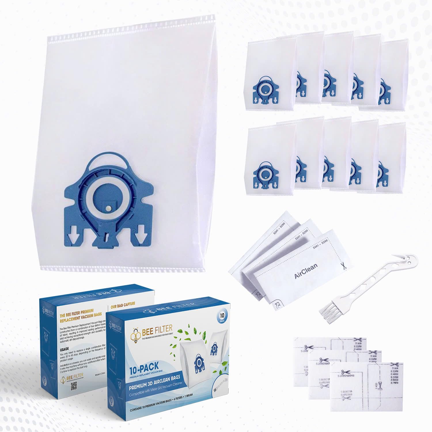 10 Pack 3D Airclean GN Vacuum Bags for Miele Classic C1, Complete C1, Complete C2, Complete C3, S227 S240, S270, S400, S2, S5, S8 Series Canister Vacuum Cleaner, includes 3 Motor & 3 Air Clean Filters