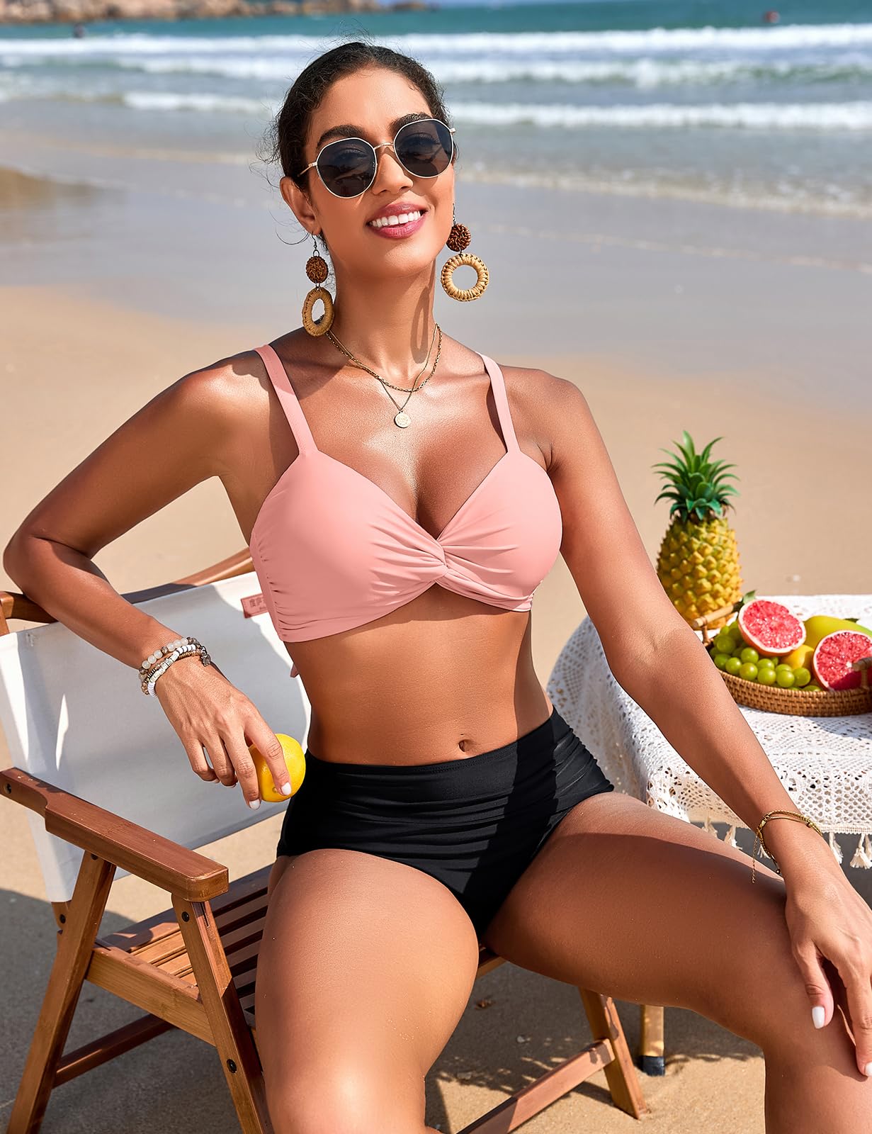 Nadeer Traje de Baño Sexy Push Up Cuello en V Dos Piezas Twist Front Bikini Control de Vientre Cintura Alta Ropa de Playa