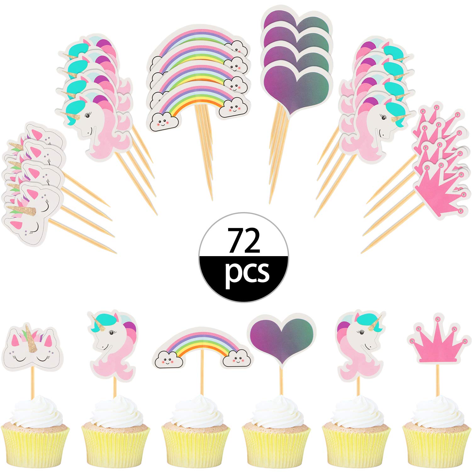 Blulu 72 Pieces Unicorn Cupcake Topper Cake Decorations Crown Rainbow Heart Birthday Cake Picks for Wedding Party Supplies