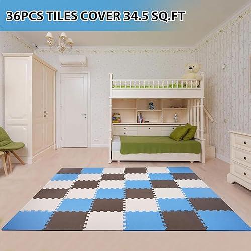 Miniatura 2 de BalanceFrom Puzzle Play Mat, 36 piezas de azulejos de espuma entrelazados, azulmarrónbeige  Alfombras de suelo de azulejos para sala de juegos