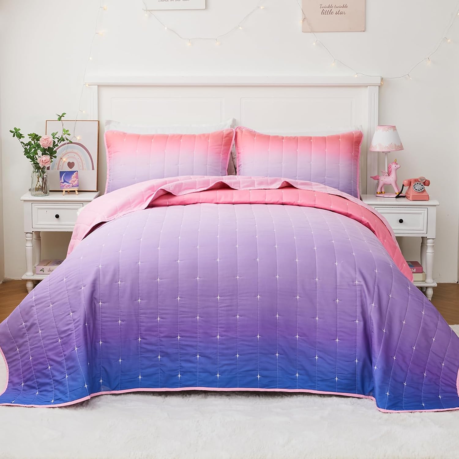 Quilt Sets, Twin Size 2 Piece Twin Bedding Sets for Girls, Lightweight Quilts with Pillow Sham Reversible Star Quilted Bedspread Coverlet - Pink Purple Gradient