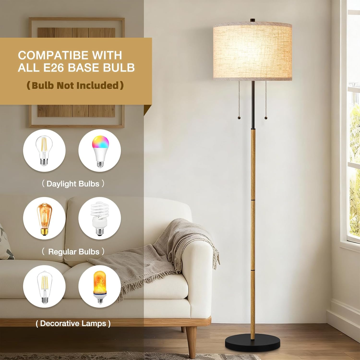 Luvkczc Floor Lamp, 62" Standing Lamp Tall Lamp with Fabric Lampshade&Pull Chain Corner Floor Lamps for Living Room, Bedroom,Office, Wood Grain 2 Bulb Socket