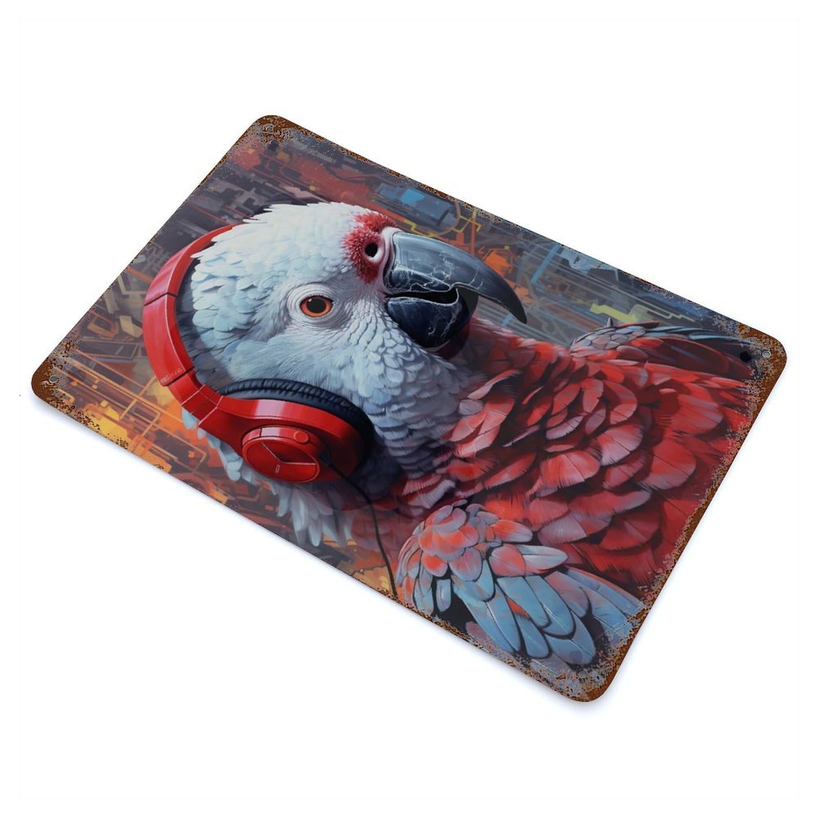 Rusty Metal Tin Sign with African Grey Parrot Design 11.8"x7.9", for Garage, Bar And Workshop Decor, Decorative Metal Wall Art