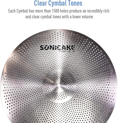 Miniatura 5 de SONICAKE Paquete de platillos de bajo volumen, juego de platillos silenciosos de 14 pulgadas Hi-hats+16 "Crash+18" Crash+20" Ride 5 Pcs Silencio