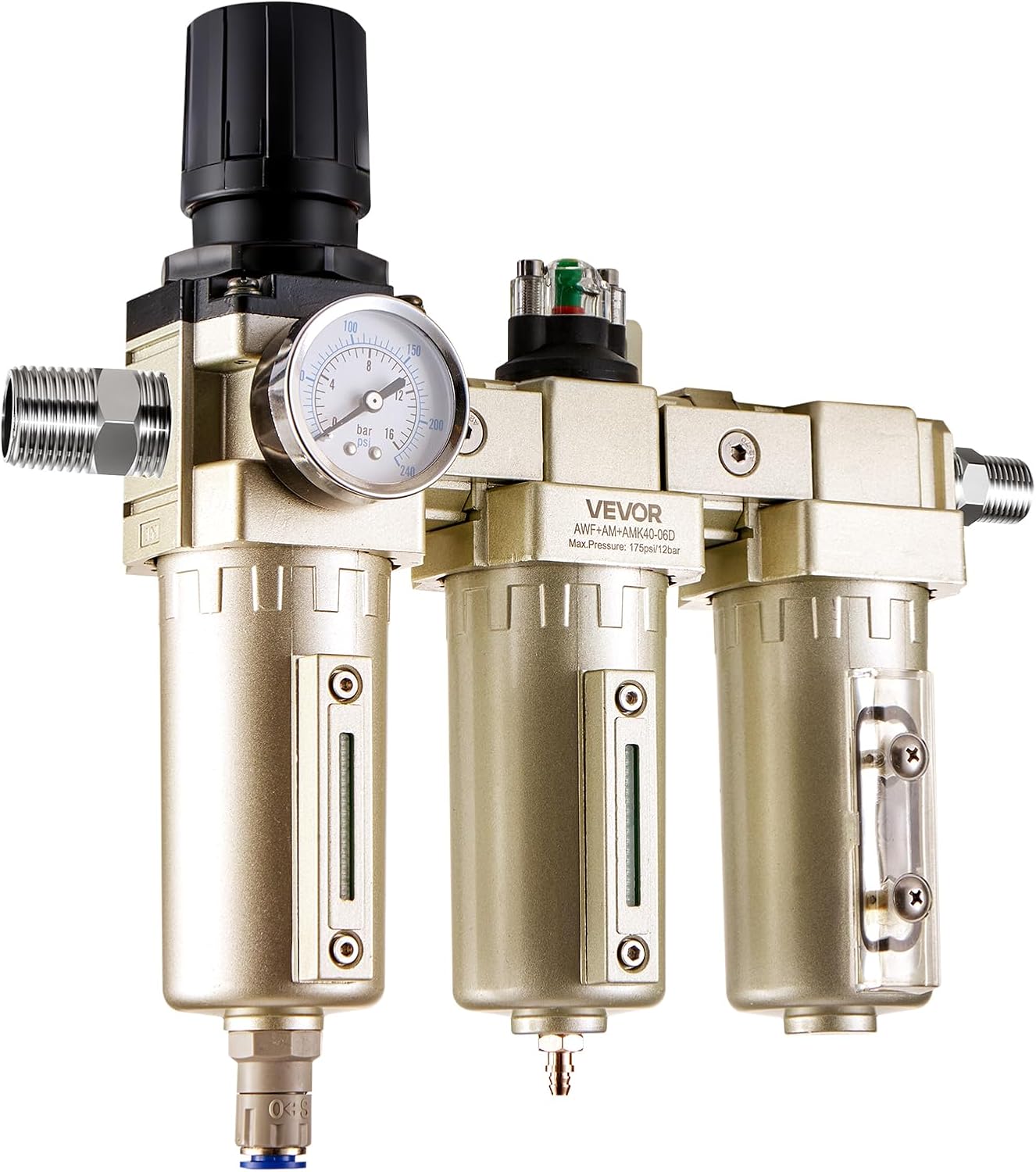VEVOR Air Compressor Filter Regulator, 3/4" NPT 3-Stage 5μm & 0.3μm & 0.1μm Air Drying System with Micron Filters and Desiccant Dryer, Auto Drain Air Compressor Water Separator 175PSI Max Pressure