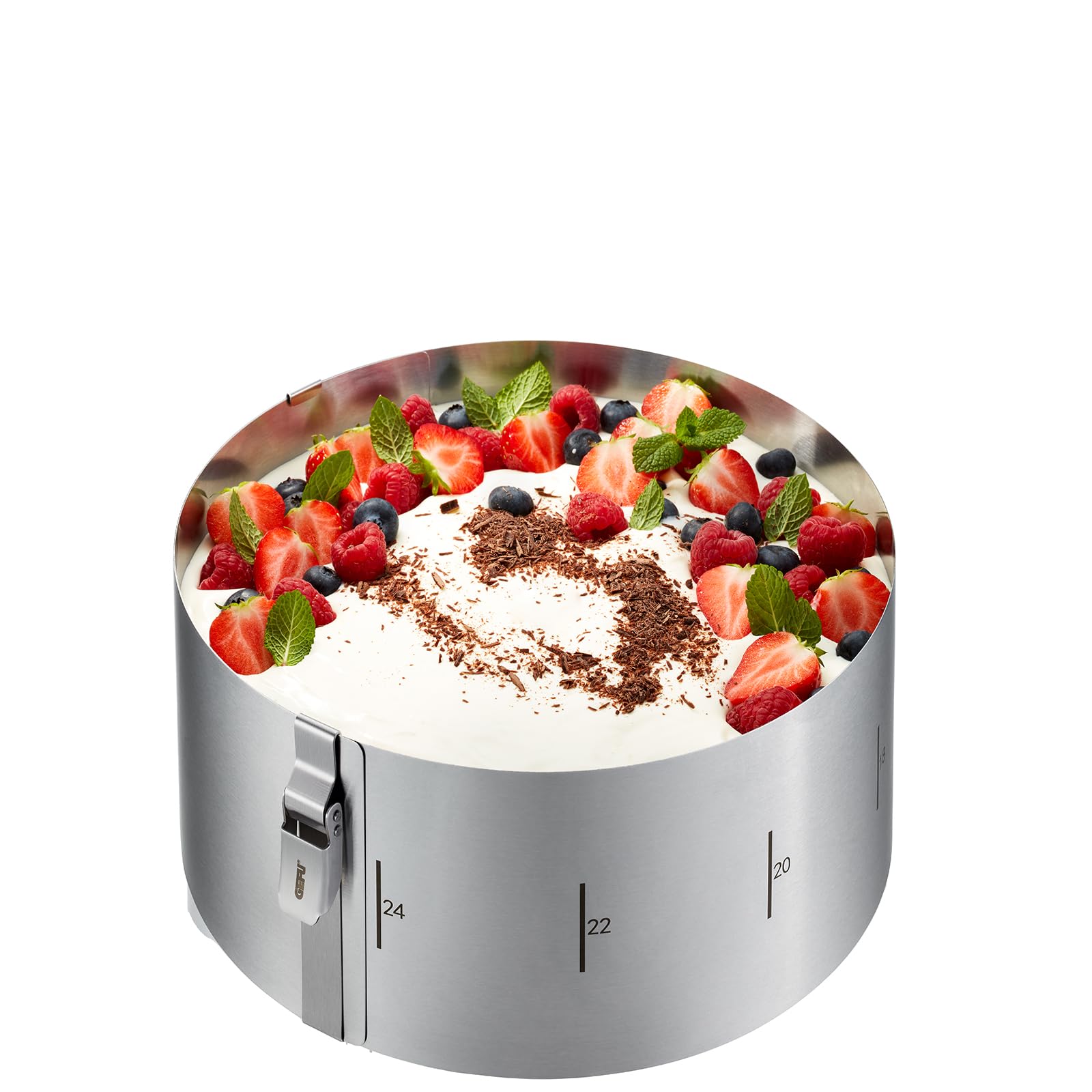 GEFU Tondo Clip Cake Ring - Adjustable Stainless Steel Baking Frame Diameter 16-30 cm with Safety Clip & Scale | Dishwasher Safe | Height 10 cm