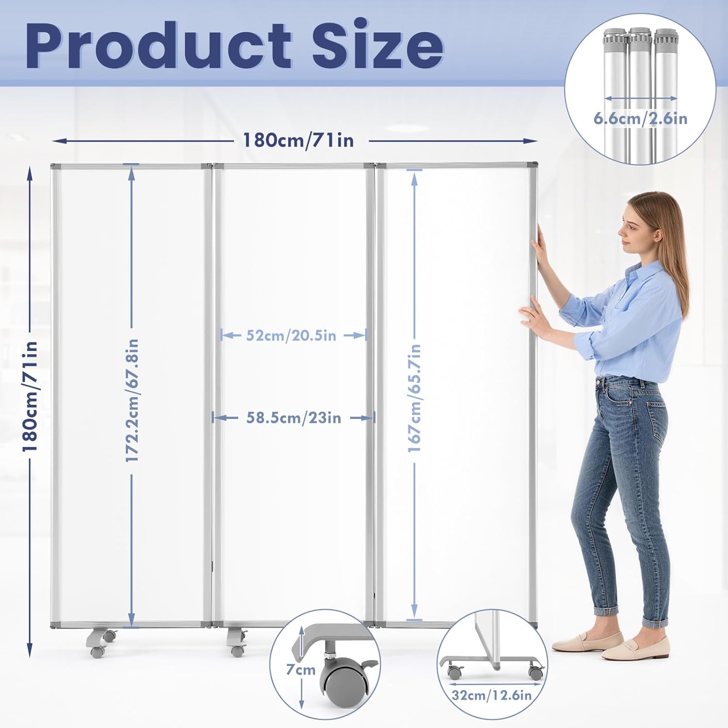 MAKELLO Portable Office Partitions 71" H x 71" W, Freestanding Office Dividers Partition Wall for Room, 3-Panel Trifold Privacy Panel, Magnetic Whiteboard, Aluminum Frame