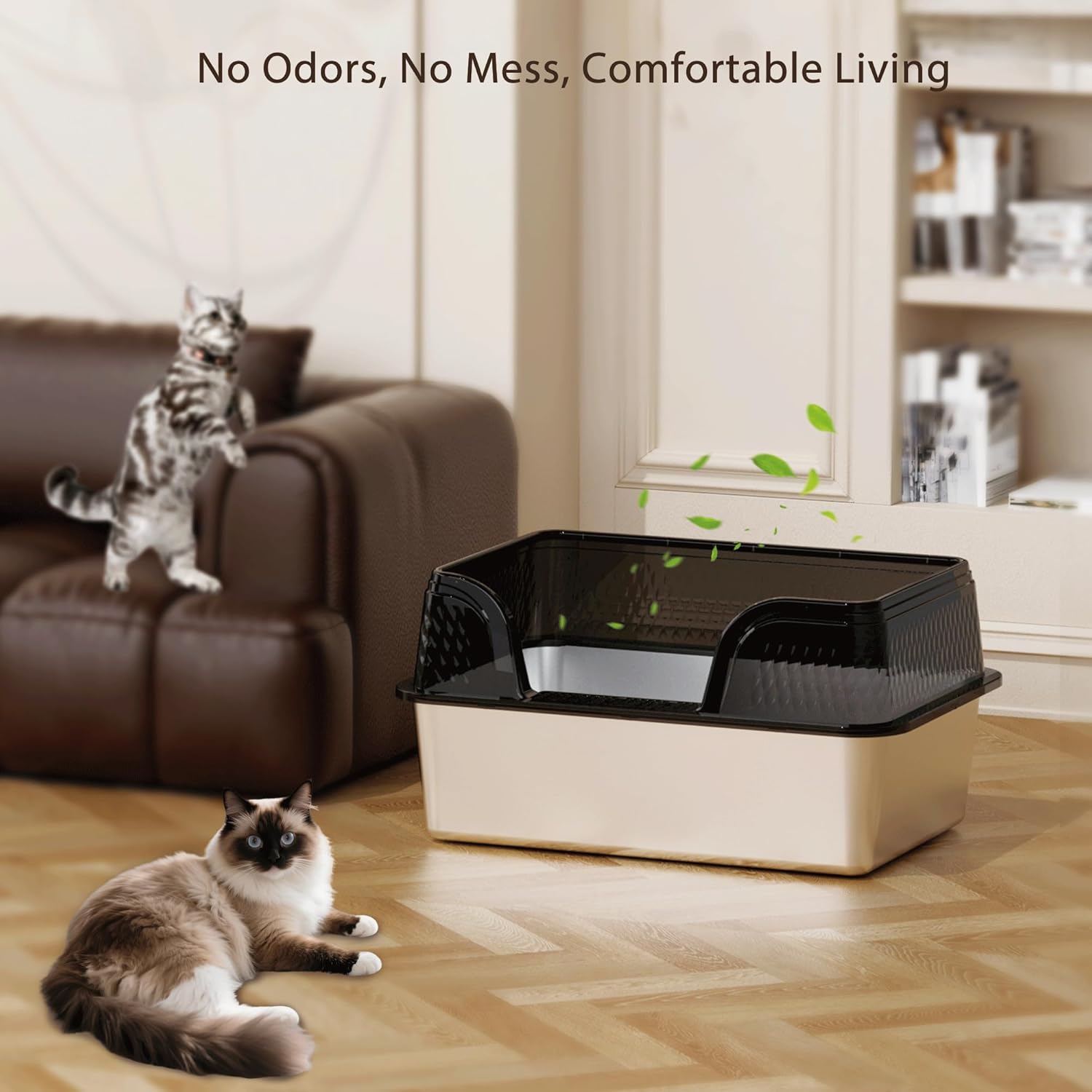 Stainless Steel Litter Box XL, Metal Litter Box with Lid - Extra Large Space with High Sides for Big Cats, Side Entry, Leak-Proof, Anti-Splashing, Transparent Black