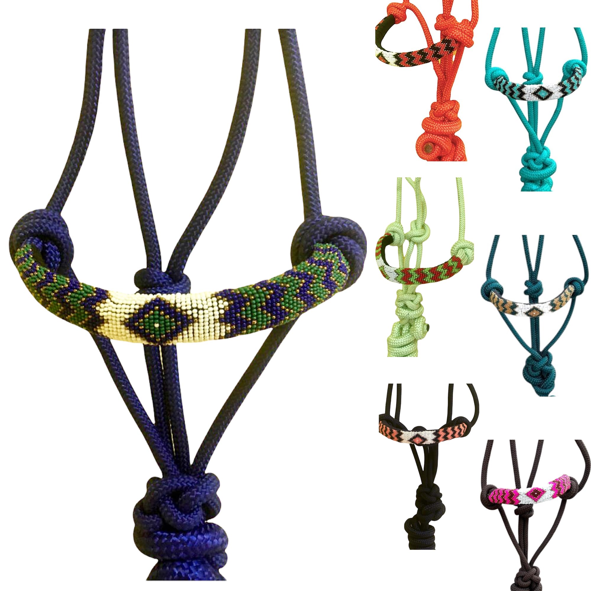 Majestic Ally Padded Beaded Nose Braided Rope Halter with 10' Matching Lead - Full (Royal Blue)