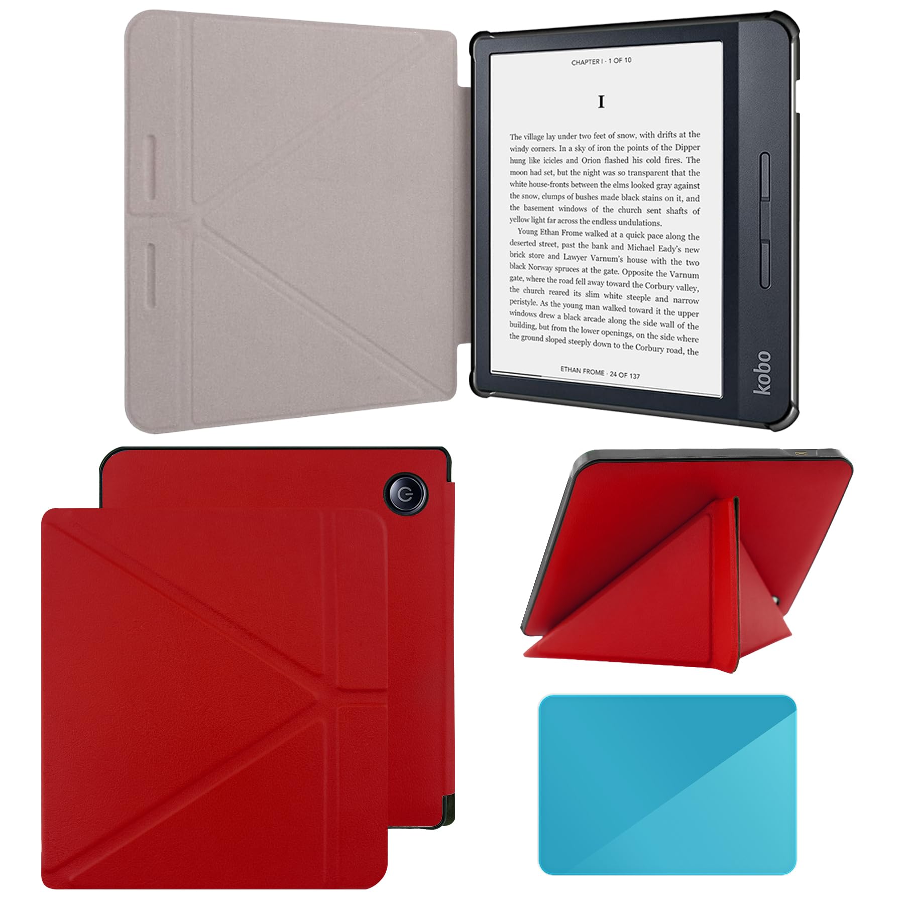 Funda para lector electrónico Kobo Libra H2O, funda protectora ligera de piel sintética de alta calidad con apagado y encendido automático, color negro, rojo, talla única