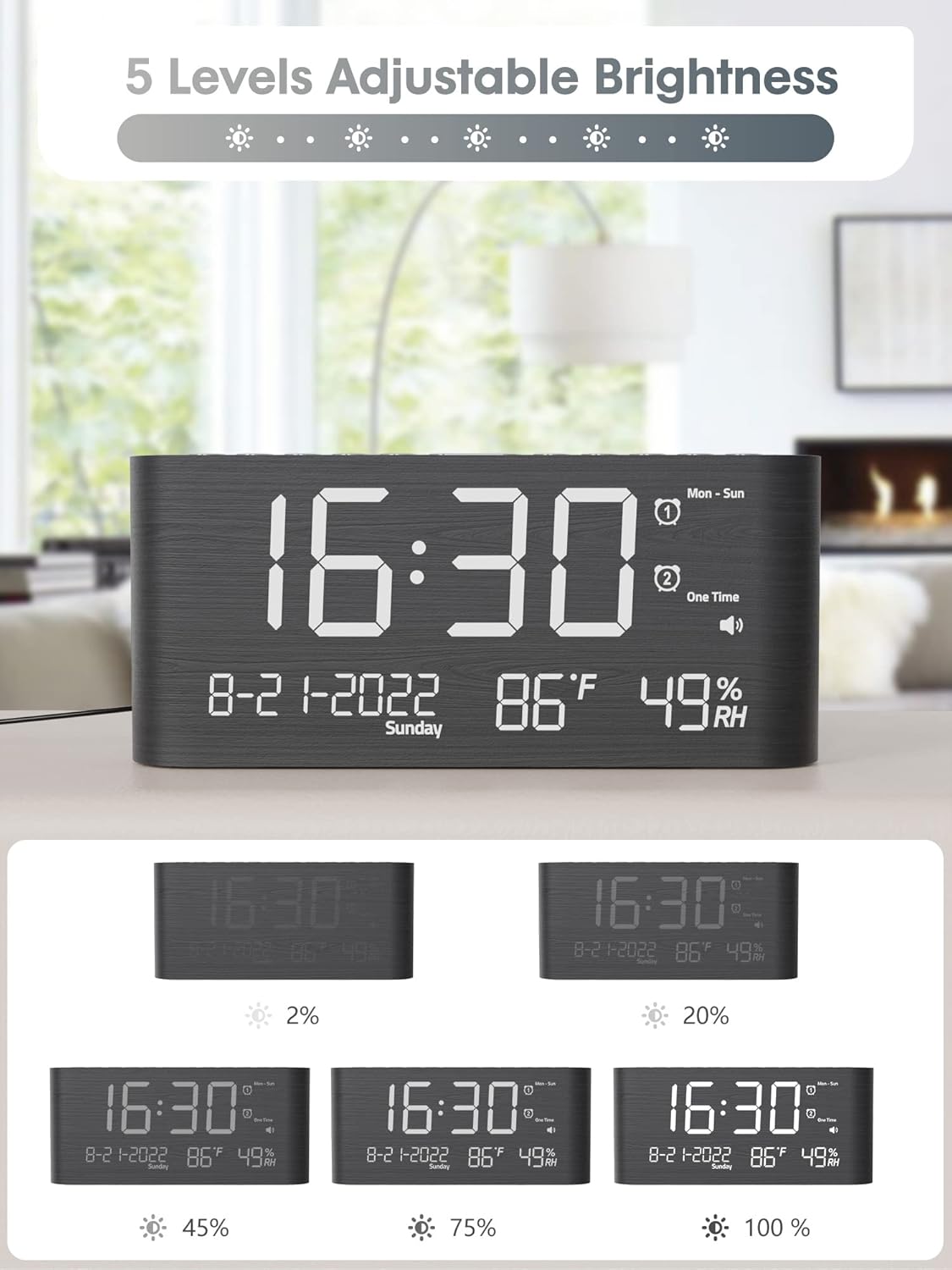 Raynic CR1019 Digital Alarm Clock displaying different brightness levels from 2% to 100%