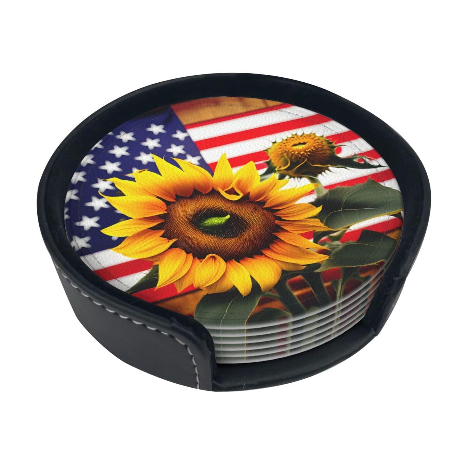 Sunflower And American Flag Print Round Coasters Set Of 6,Coaster For Tabletop Protection Home Bar Decor