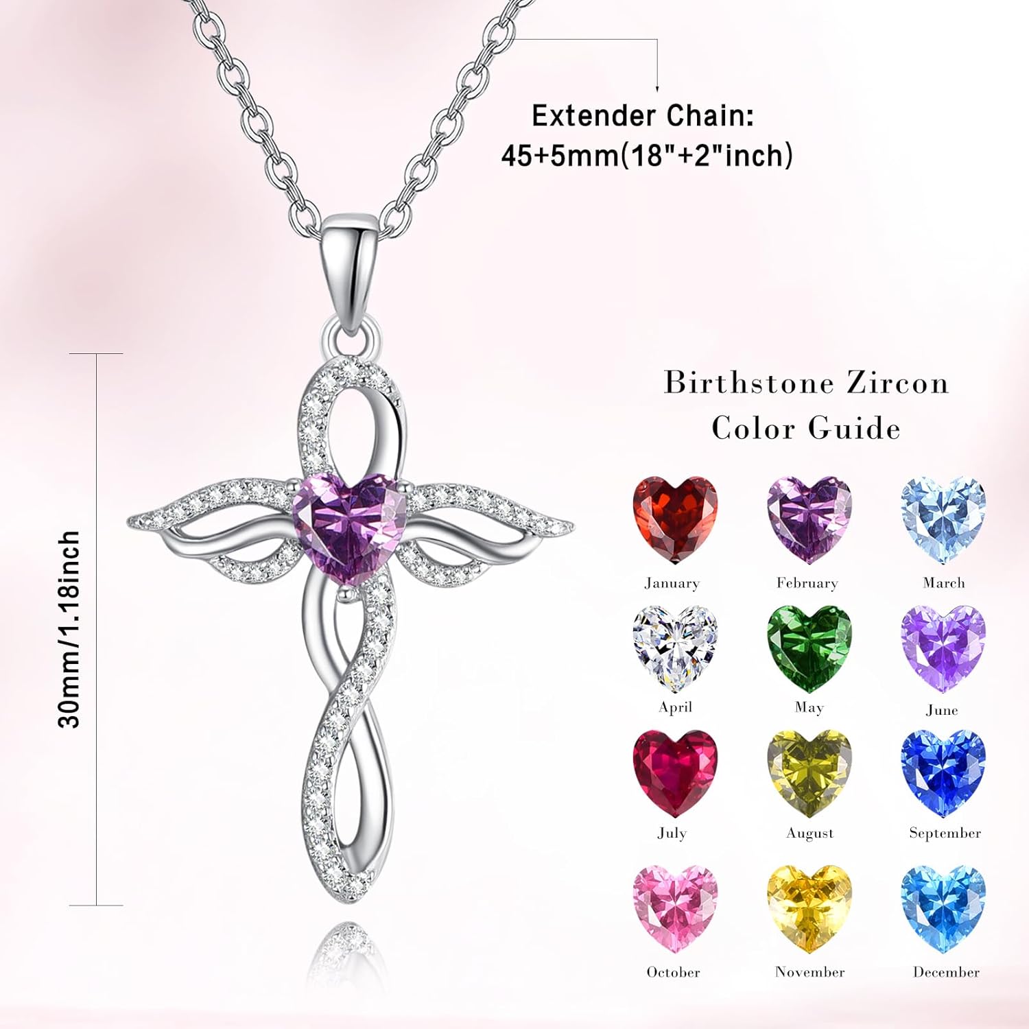 TANGPOET Angel Wings Necklace for Women 925 Sterling Silver Guardian Angel Pendant, Heart Cross Birthstone Necklace, Birthday Jewelry Gifts for Her - Image 4