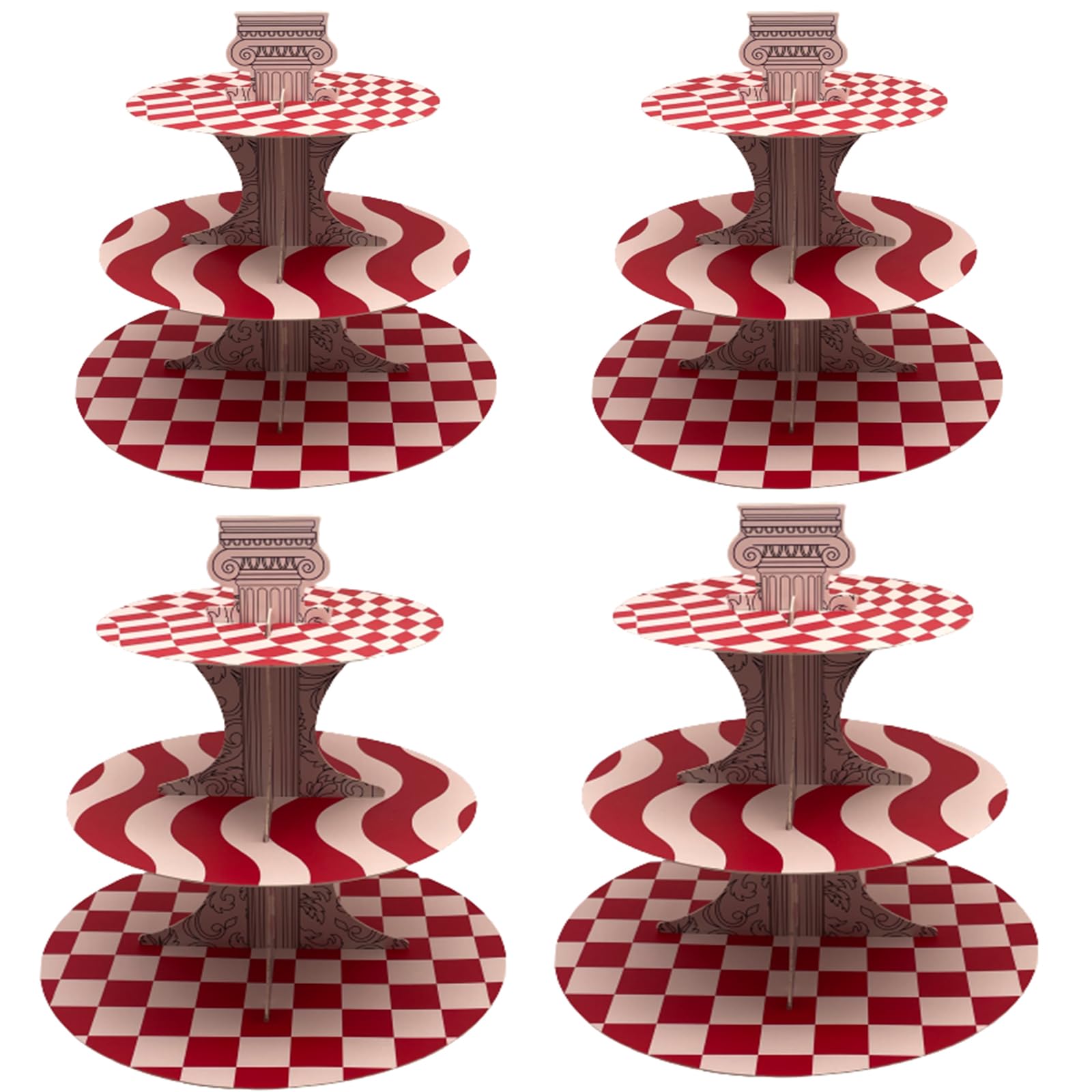4 PACK Cardboard Cupcake Stand 3 Tier edge Dessert Stand, Silver Cardboard Cupcake Stand, Birthday Party Supplies Tableware 3 Tier for Birthday Party,Wedding Decorations, Graduation(F-Red lattice)