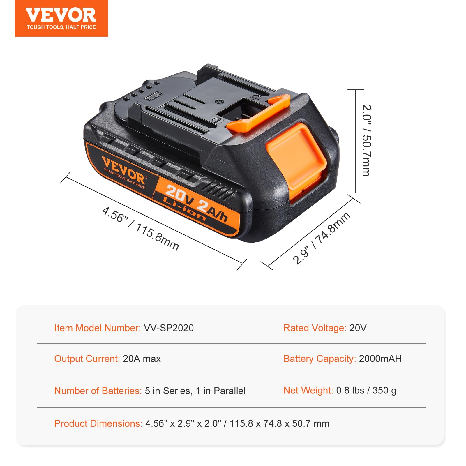 VEVOR Batteria di Ricambio per Batteria Ricaricabile al Litio da 20 V 2,0 Ah, Batteria Sostitutiva ad Alta Capacità per Batterie di Utensili Elettrici Compatibile con Elettroutensili di Batteria 20 V