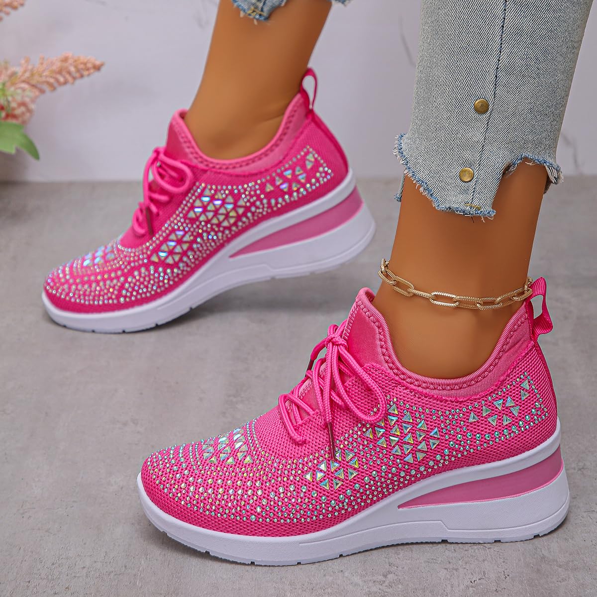 Donna Glittery Rhinestone Fashion Breathable Wedge Sneakers, Sparkly Platform Trainers Lightweight Comfy Slip On Walking Shoes, Rosa, 40 EU