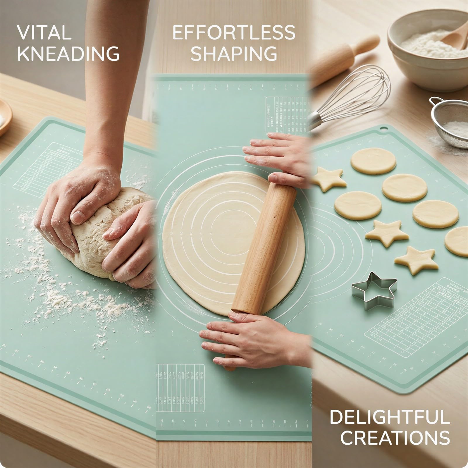 Silikon-Backmatte, große Teigmatte zum Ausrollen von Teig, rutschfest, mit Maßangaben und Umrechnungstabellen, für Kneten, Pizza, Kuchen und Fondant