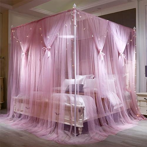 Miniatura 4 de VETHIN Cortina de cama de princesa de 4 esquinas, doble capa, acogedora red mosquitera de 4 aperturas para niñas y adultos, accesorios de decoración