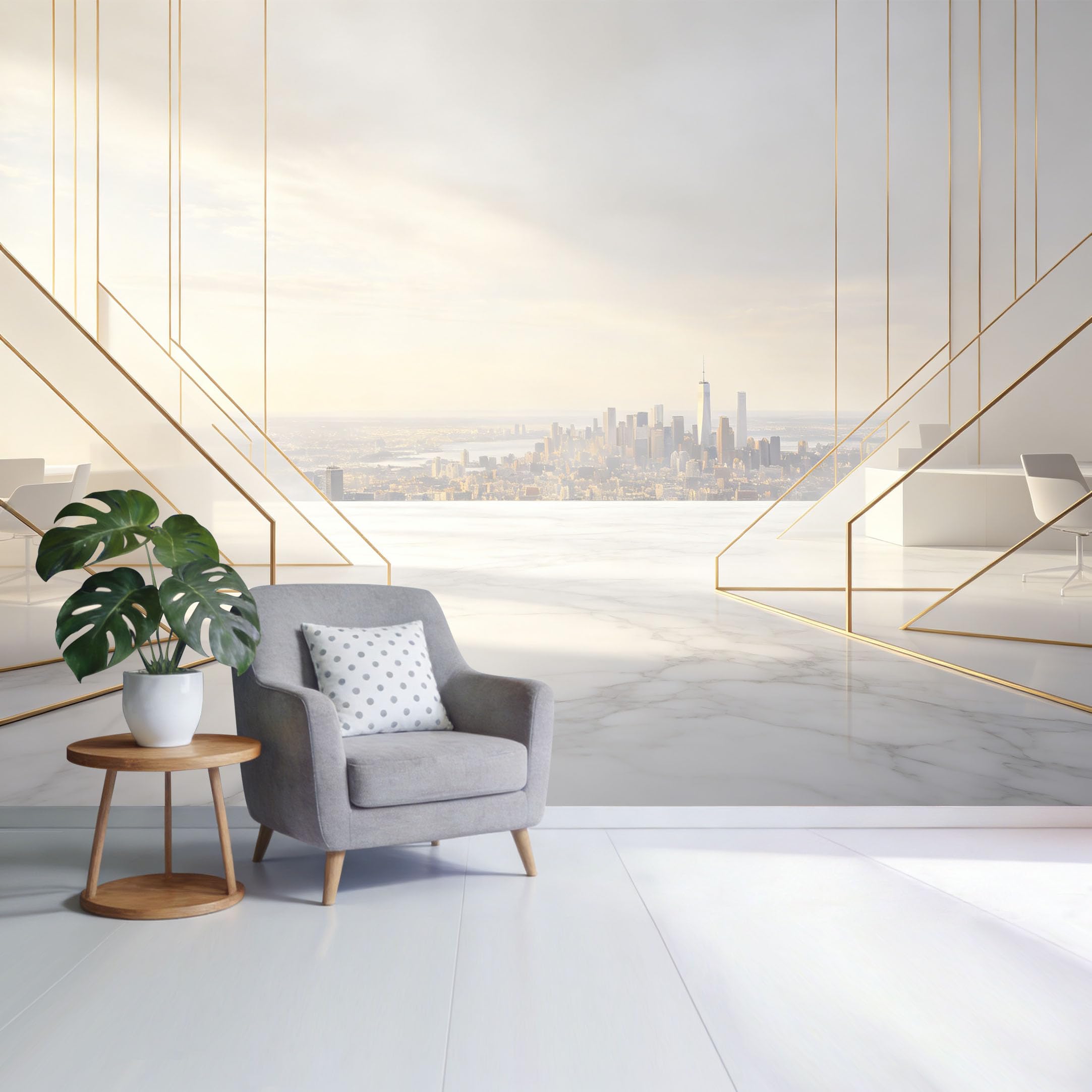 Custom Size Wall Mural Modern City Skyline View Minimalist Golden Geometric Architecture Marble Floor SelfAdhesive Wall Fabric Removable Wallpaper for Home Office Decor