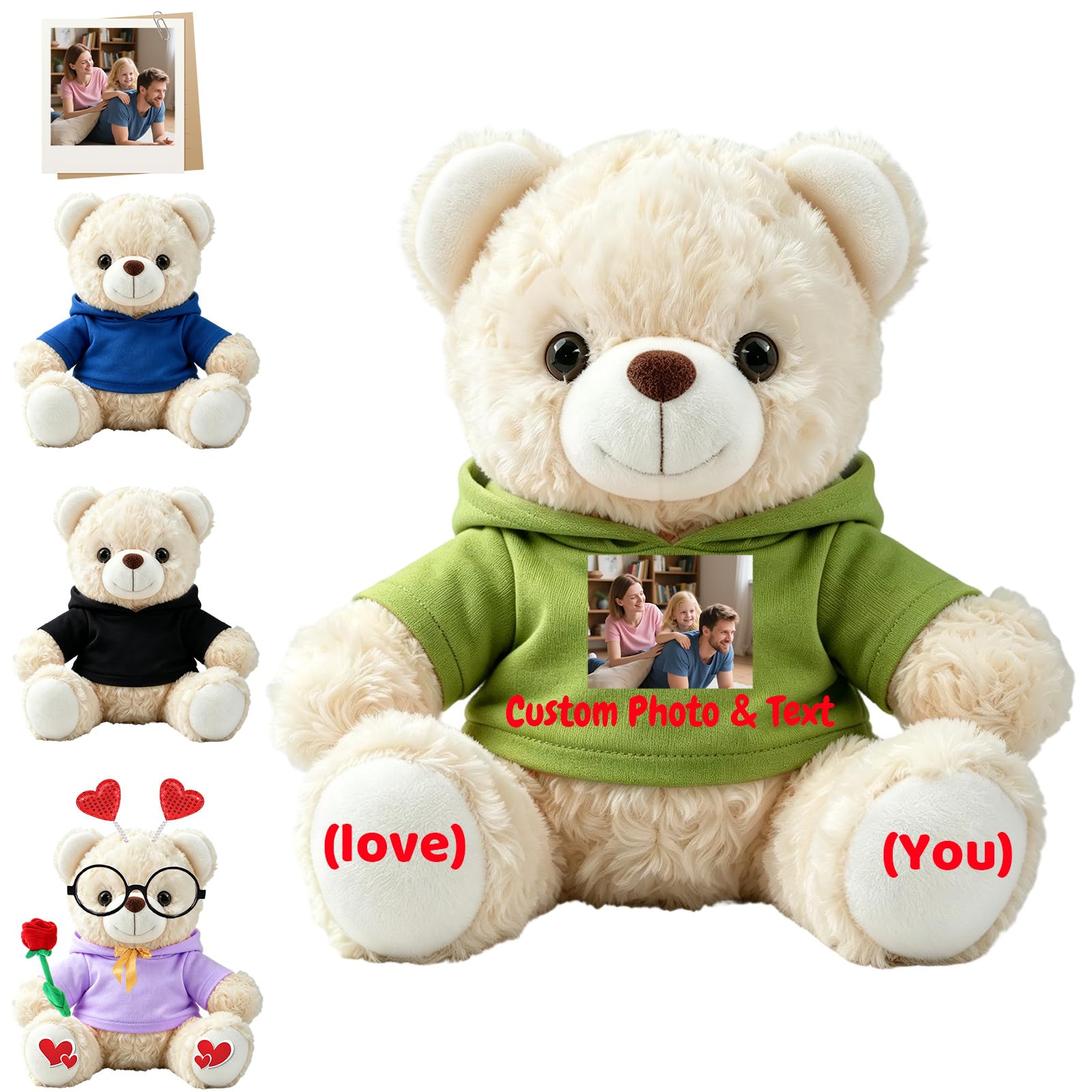 FAHOXUMR Custom Teddy Bear Stuffed Animal with Photo and Text for Boyfriend Girlfriend, 8 Inch Soft White Teddy Bear with Clothes as Gift for Valentine Christmas Anniversary Graduation
