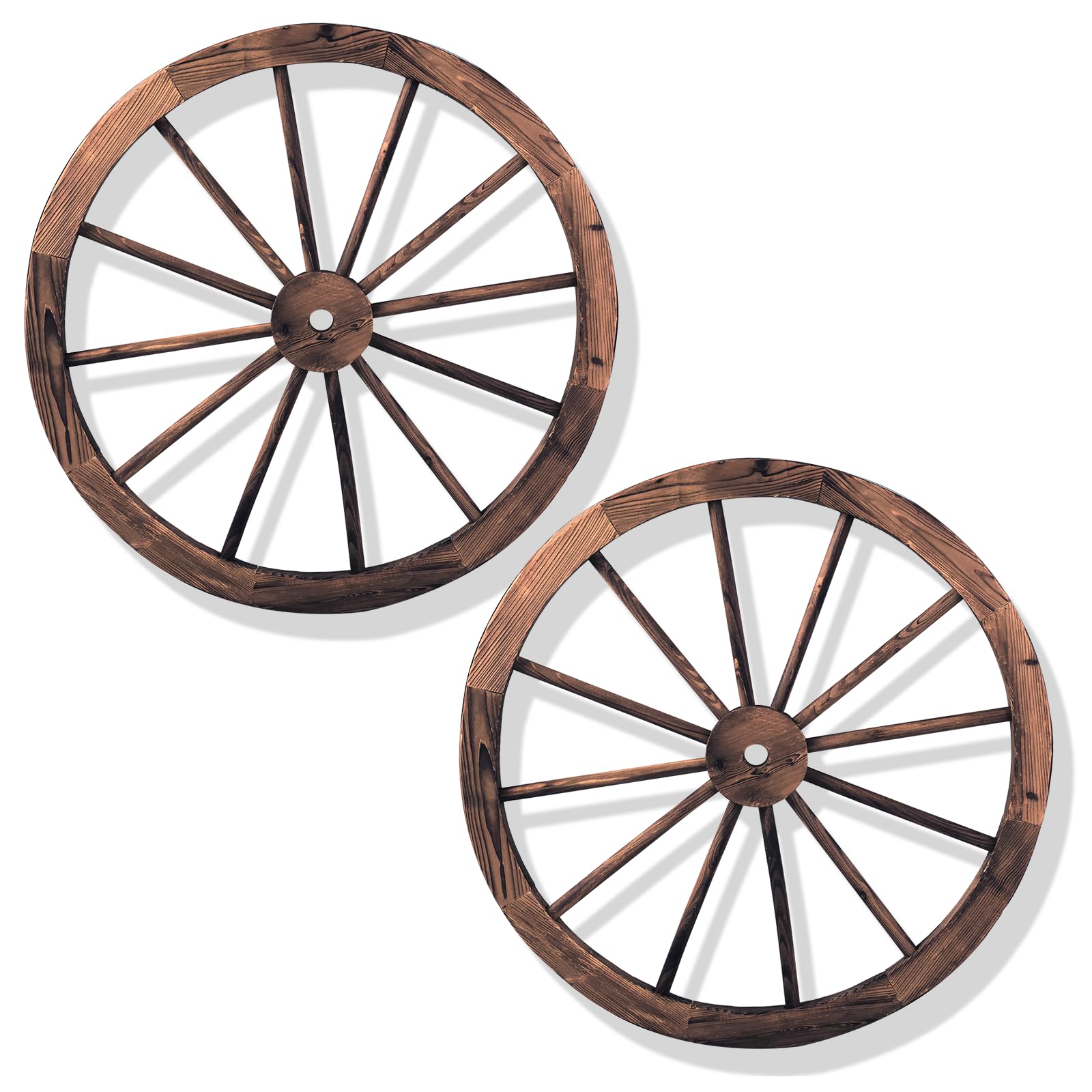 SOARS 2 Piezas Ruedas de Carro de Madera, Decoración de Pared Ø 76 cm con Chapa de Hierro, Rueda de Madera Ruedas Colgantes Rueda de Carro Rústico para Decoración para Jardín & Bar, Marrón