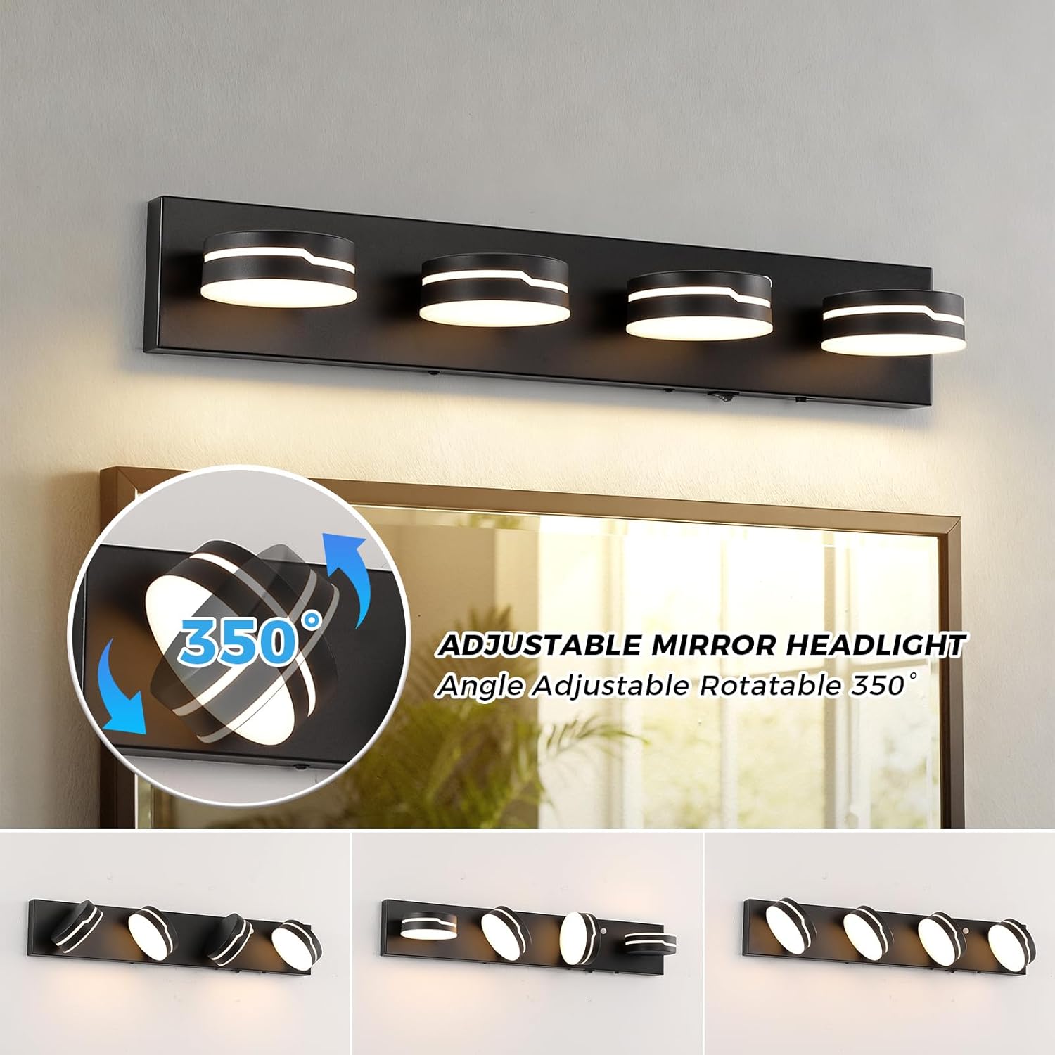 26In Motion Sensor Vanity Light, Matte Black 3CCT 4-Light Modern LED Bathroom Lighting Fixtures Over Mirror, Dimmable Rotatable Head Wall Sconce, 3000K-6000K Color Selectable