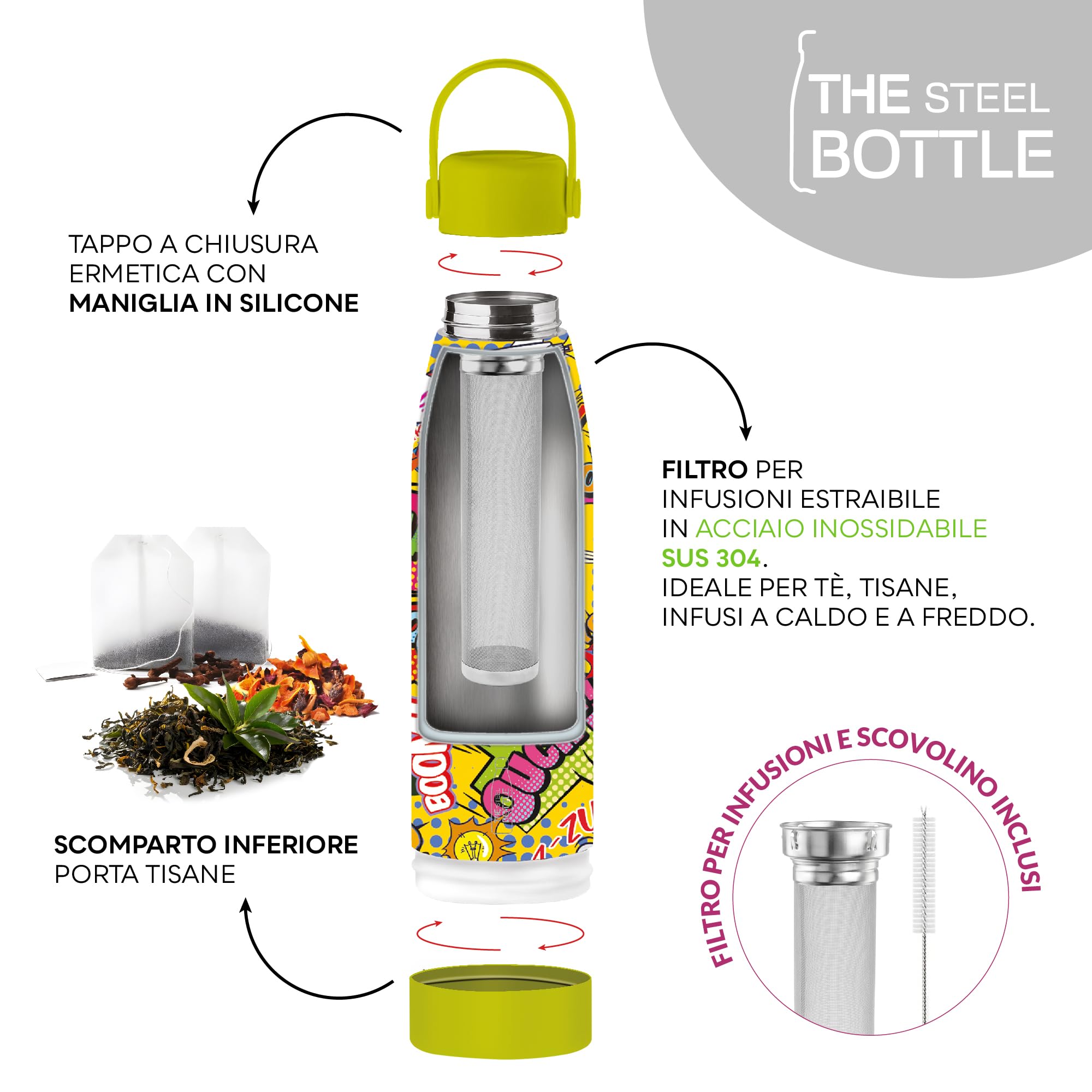 THE STEEL BOTTLE - Botella térmica para infusiones e infusiones de acero inoxidable, aislamiento de doble pared, 500 ml, hermética, botella portátil (CARTOONS)