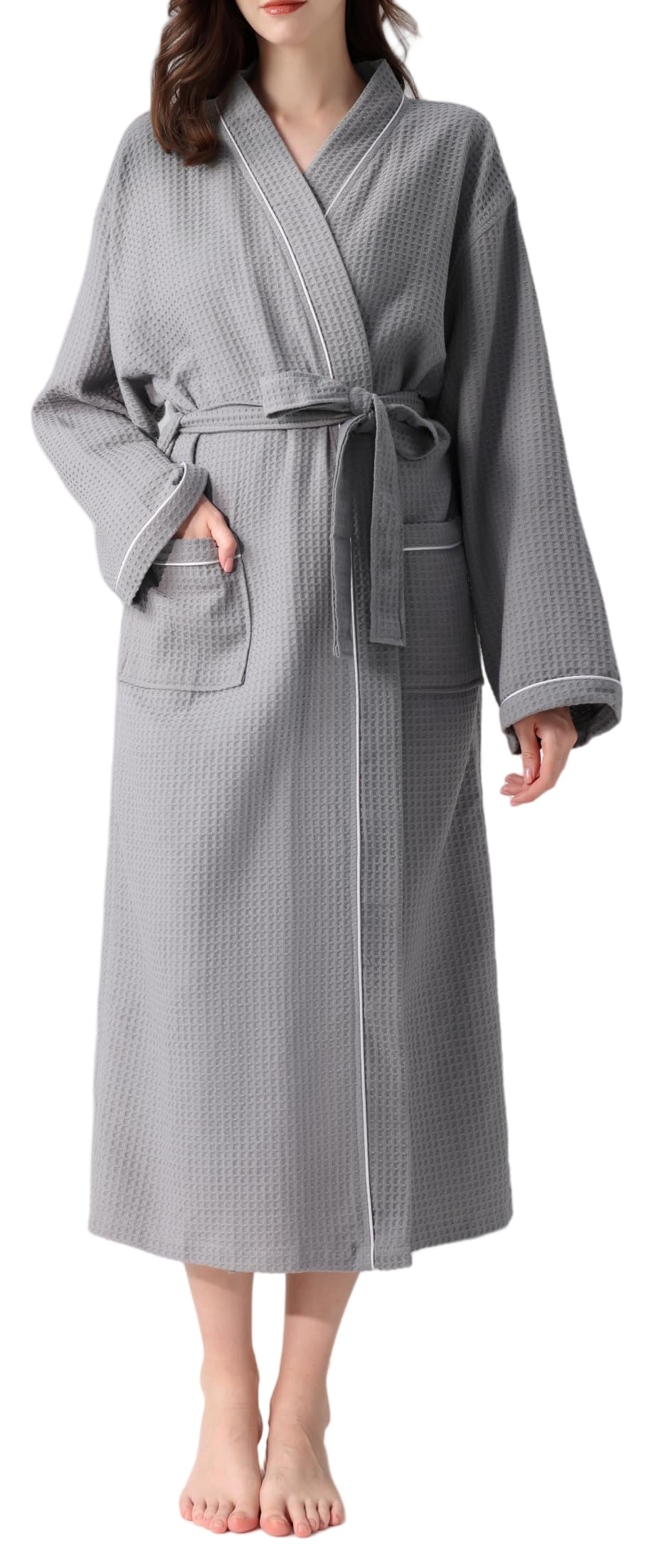 Bathrobe, 100% Cotton, Waffle Fabric, 3D Woven, Men's, Women's, Loungewear, Gown, Room Wear, Gentle Touch, Unisex, Hotel, After Bathing, Absorbent, Quick Drying, Thermal, Bath Supplies, Spring Medium gray