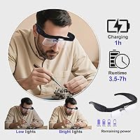 Vista 4 de Lupas profesionales con 5 lentes desmontables de 0.75 x 4.0 x y 3 luces LED, lupa recargable manos libres para trabajo cercano, manualidades y Negro