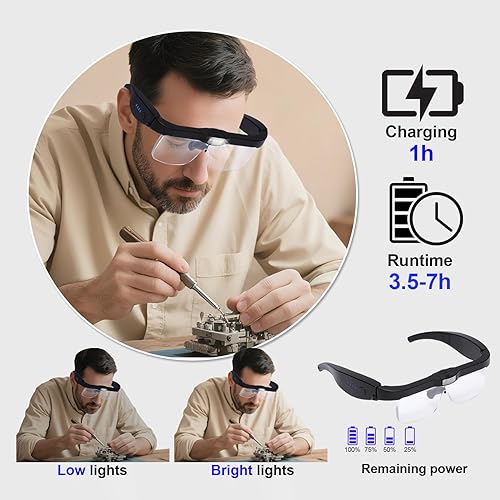 Miniatura 4 de Auriculares profesionales con lupa con 5 lentes desmontables de 0.75 x 4.0 x y 3 luces LED, lupa recargable manos libres para trabajo cercano,