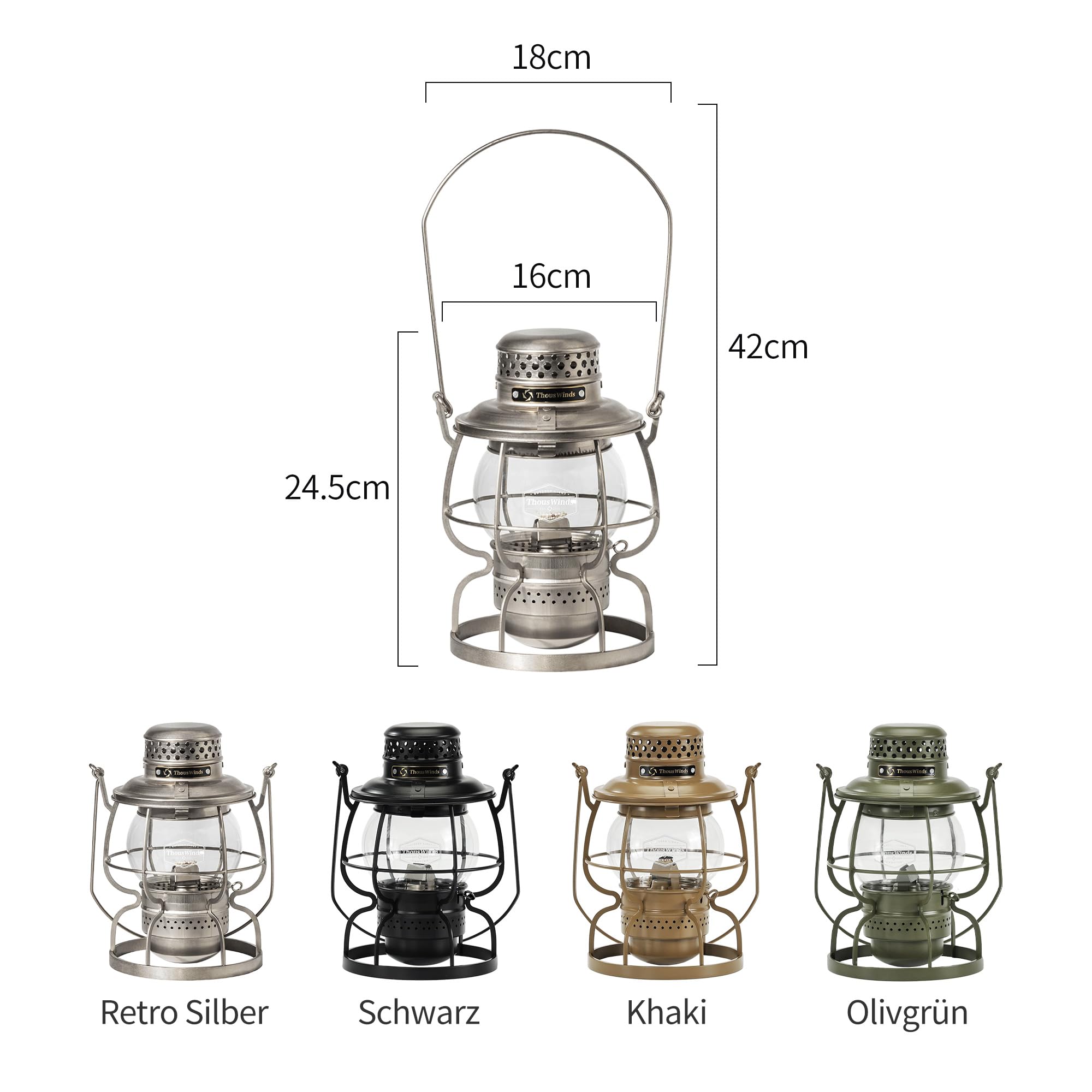 Thous Winds Petroleum Sturmlampe, Camping Laterne Petroleum, "Eisenbahn" Kerosin Laterne mit Tragegriff, Winddicht für Outdoor, Camping, Wandern, Terrasse, Picknick - Khaki