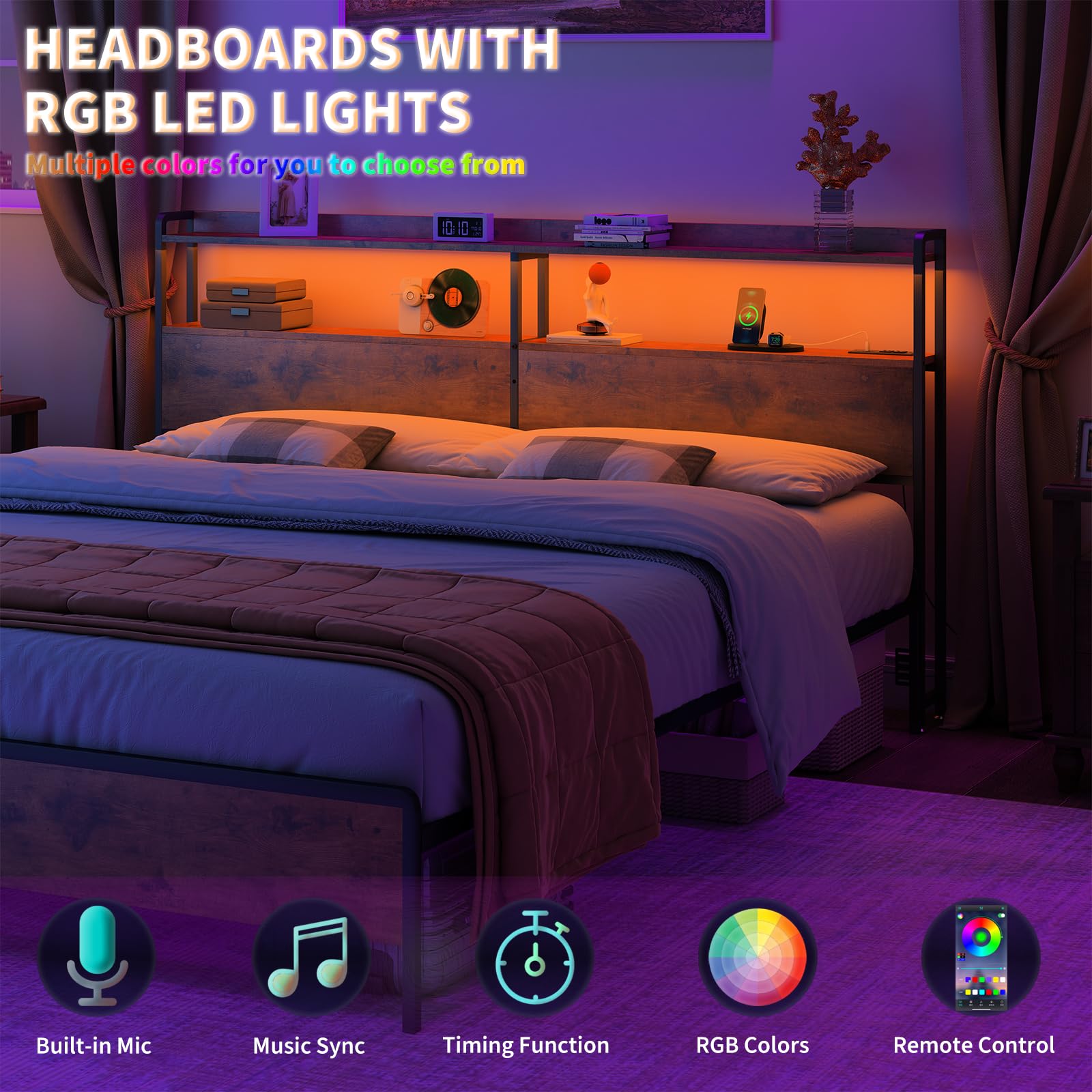 Cabecera ajustable tamaño King con tomas, puertos USB, tipo C, luces LED y almacenamiento, color marrón rústico, cabecera resistente para mayor comodidad y funcionalidad, tamaño King 3