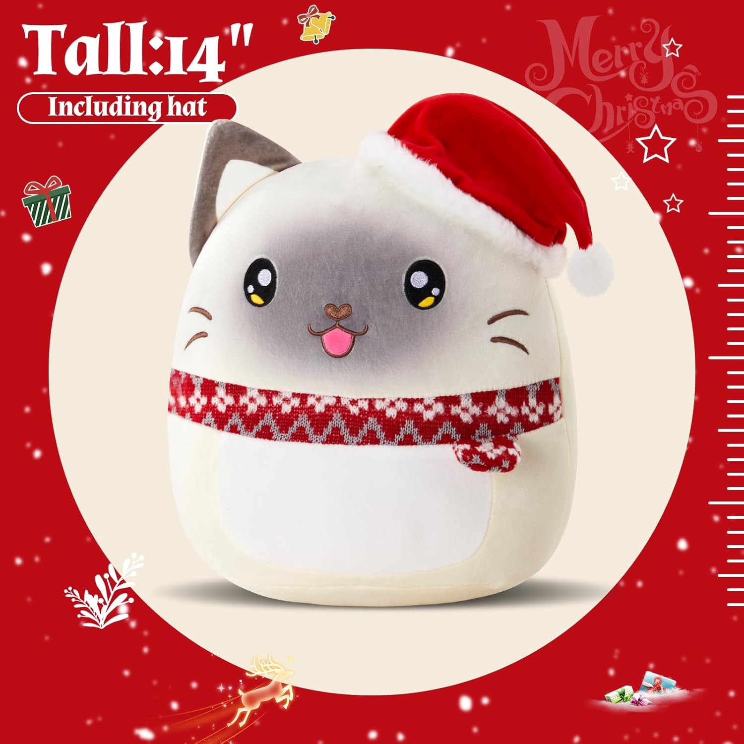Athionsu 14-Inch Christmas Cat Plush Pillow with Santa Hat Soft and Cuddly Cat Stuffed Animal for Christmas Holiday Décor and Gifts Adorable Squishy Hug Pillow for Kids, Boys, Girls and Adults