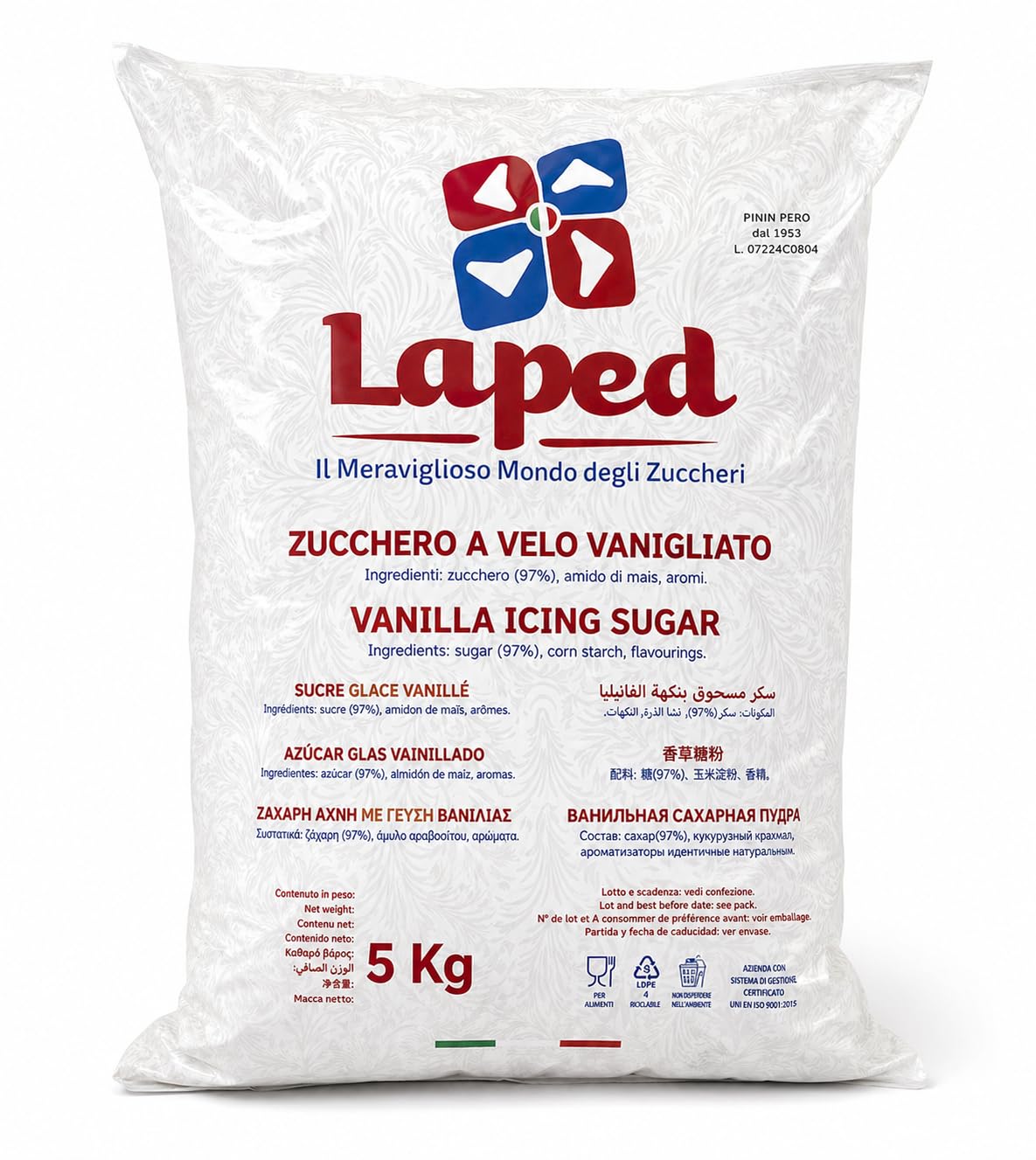Laped Zucchero a Velo Vanigliato, 5 Kg, con Amido di Mais, Impalpabile, per Dolci, Decorazioni, Creme e Glasse, Formato Professionale