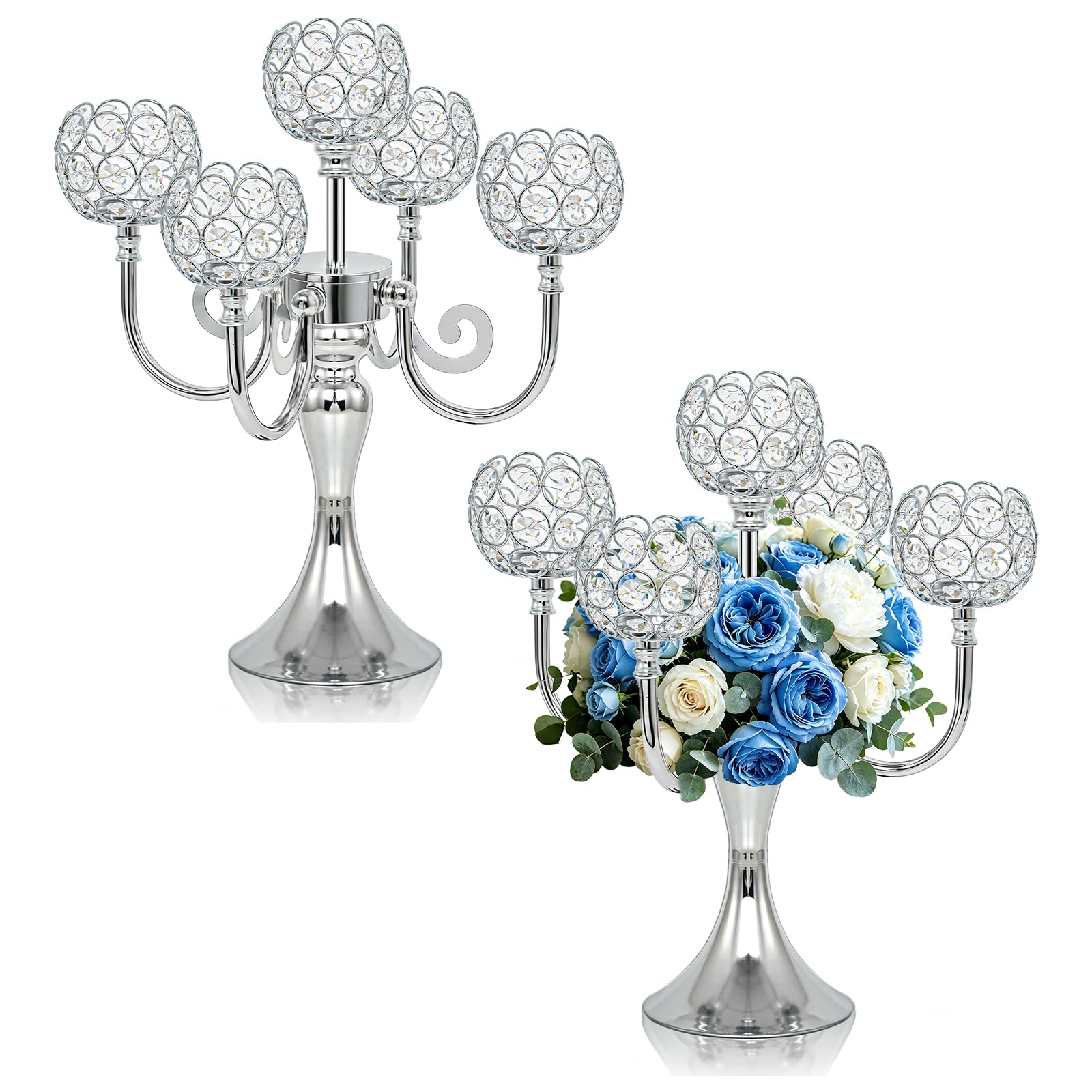 Centrotavola a 5 bracci in metallo con cristalli, 34 cm, elegante portacandele con perline di cristallo, per matrimoni, feste, Natale, decorazione per tavolo da pranzo (2, argento)