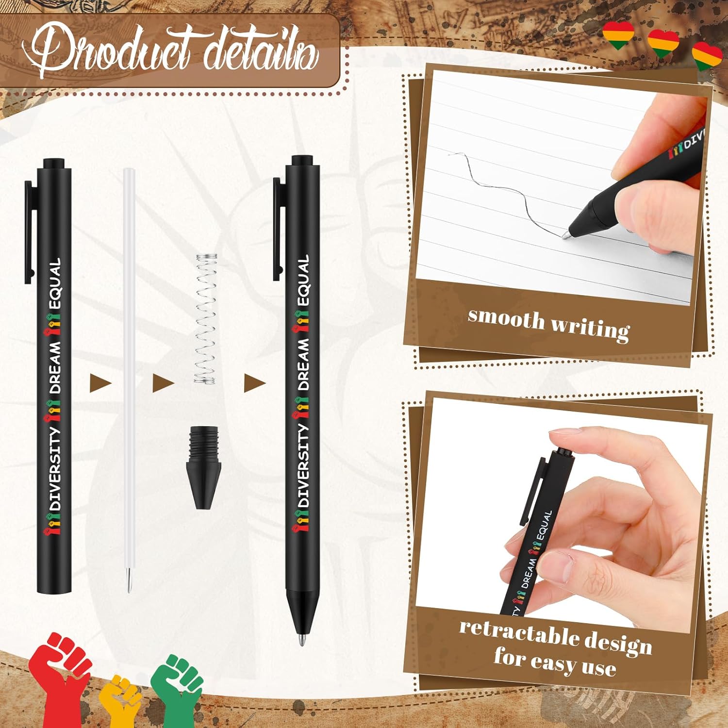 Fullhawl 120 Pcs Black History Month gifts Ballpoint Pens Bulk Diversity Dream Freedom Equal Quote Ink Pens Black History Month Party Favors for Men Women African American Celebration